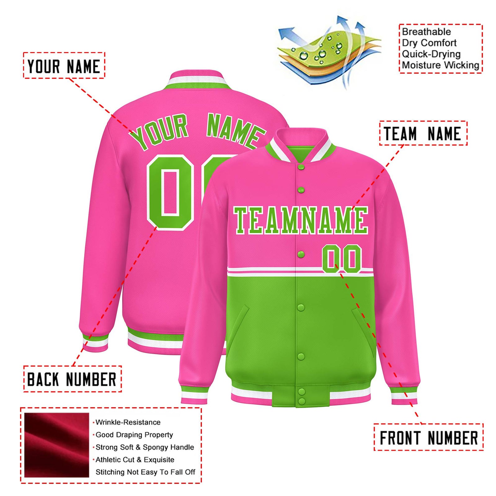 Custom Pink-Neon Green-Pink Varsity Full-Snap Letterman Color-Matching Split Fashion Jacket