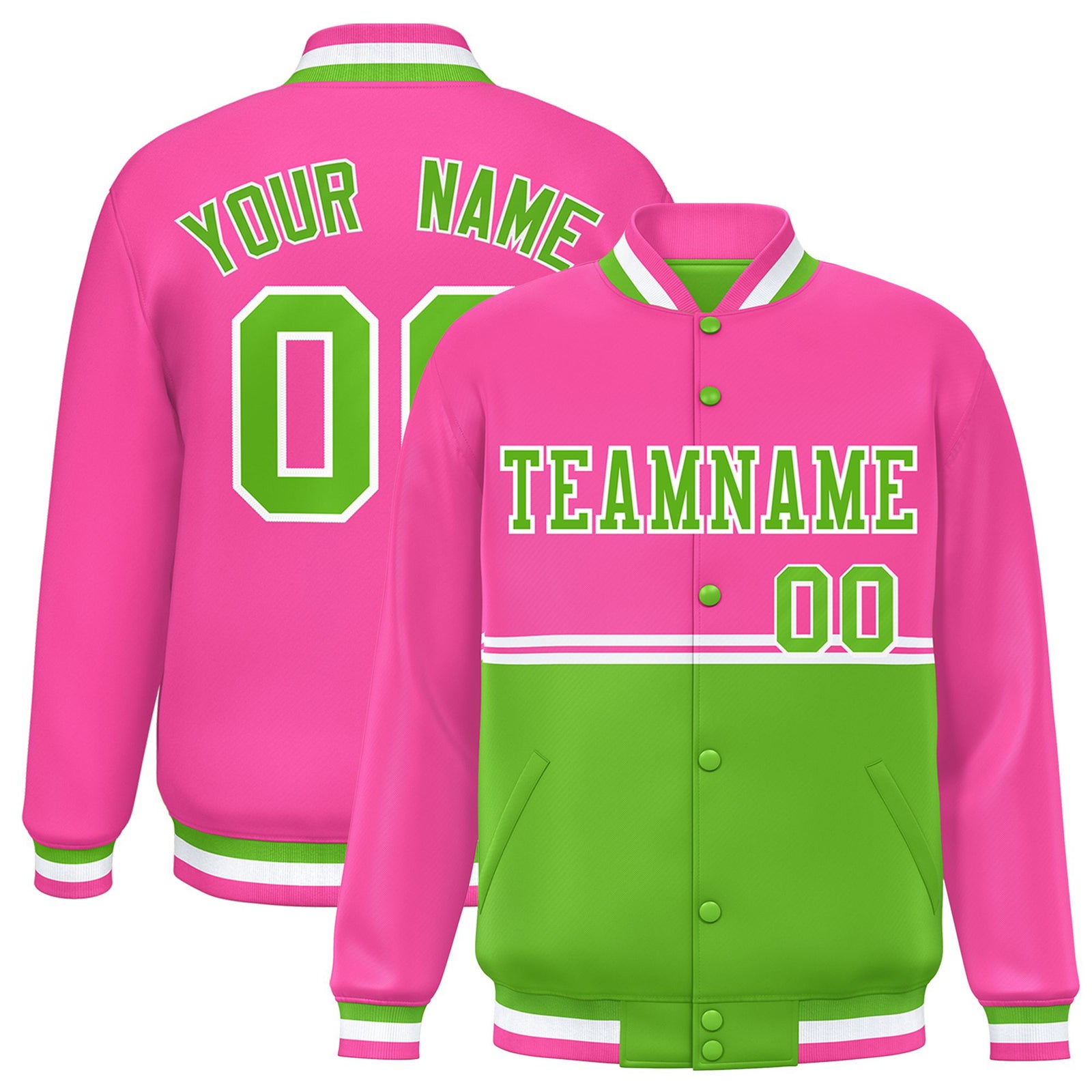 Custom Pink-Neon Green-Pink Varsity Full-Snap Letterman Color-Matching Split Fashion Jacket