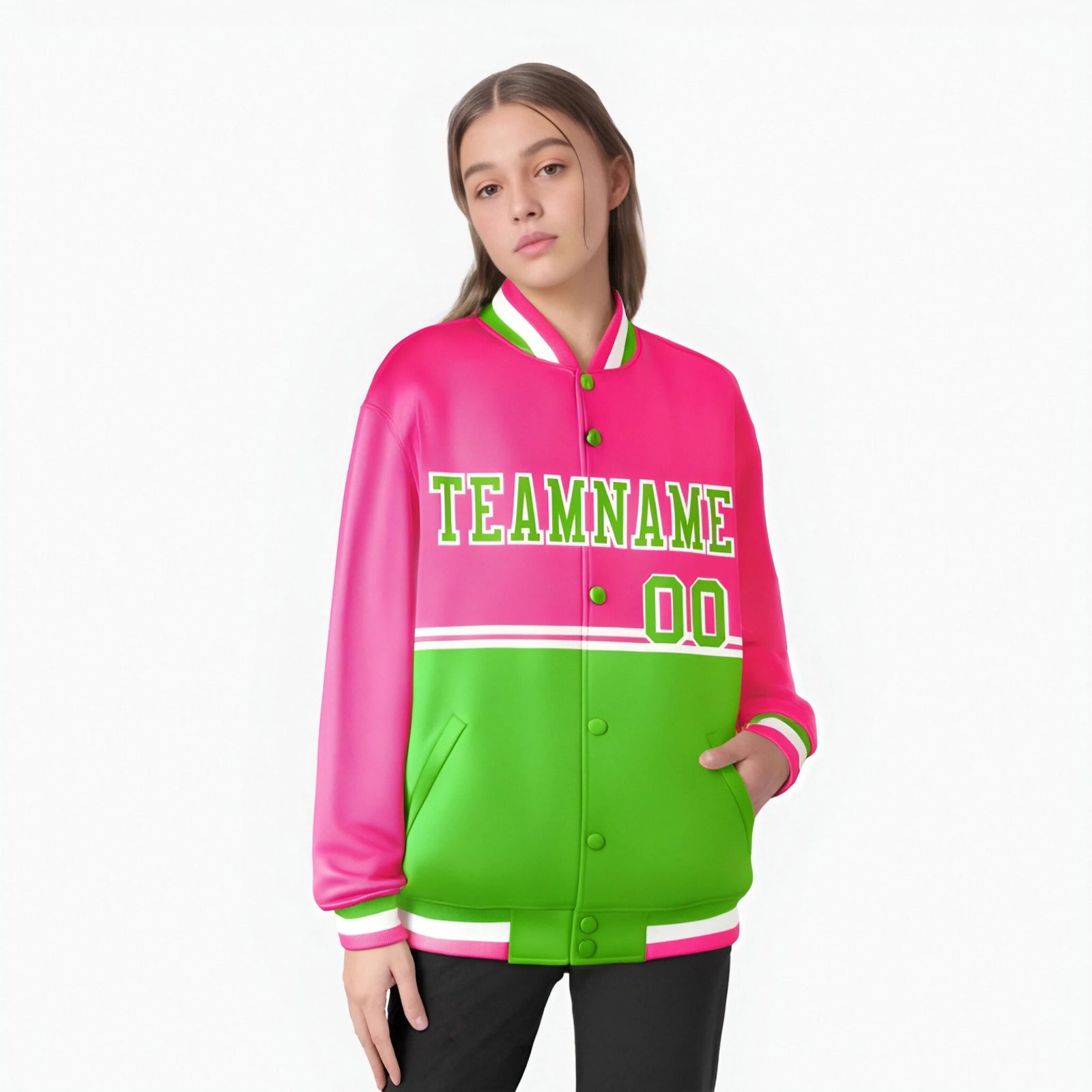 Custom Pink-Neon Green-Pink Varsity Full-Snap Letterman Color-Matching Split Fashion Jacket