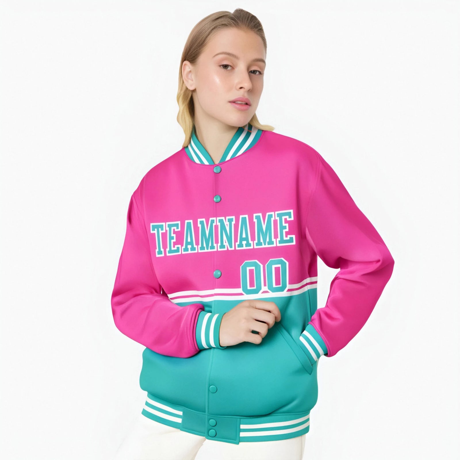 Custom Pink-Aqua-Pink Varsity Full-Snap Letterman Color-Matching Split Fashion Jacket