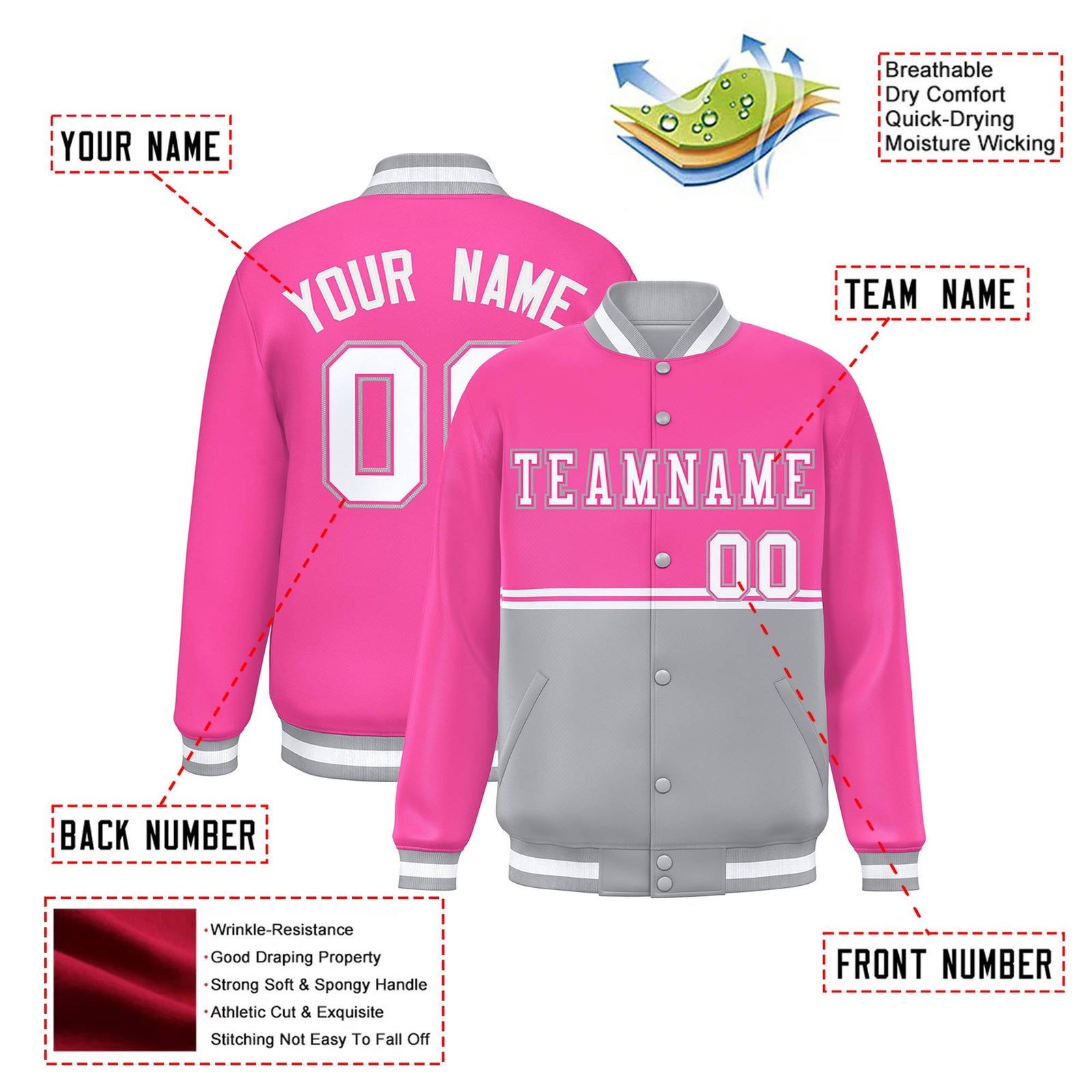 Custom Pink-Gray-Pink Varsity Full-Snap Letterman Color-Matching Split Fashion Jacket