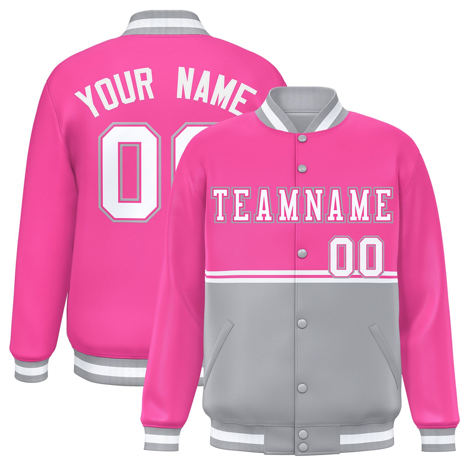 Custom Pink-Gray-Pink Varsity Full-Snap Letterman Color-Matching Split Fashion Jacket