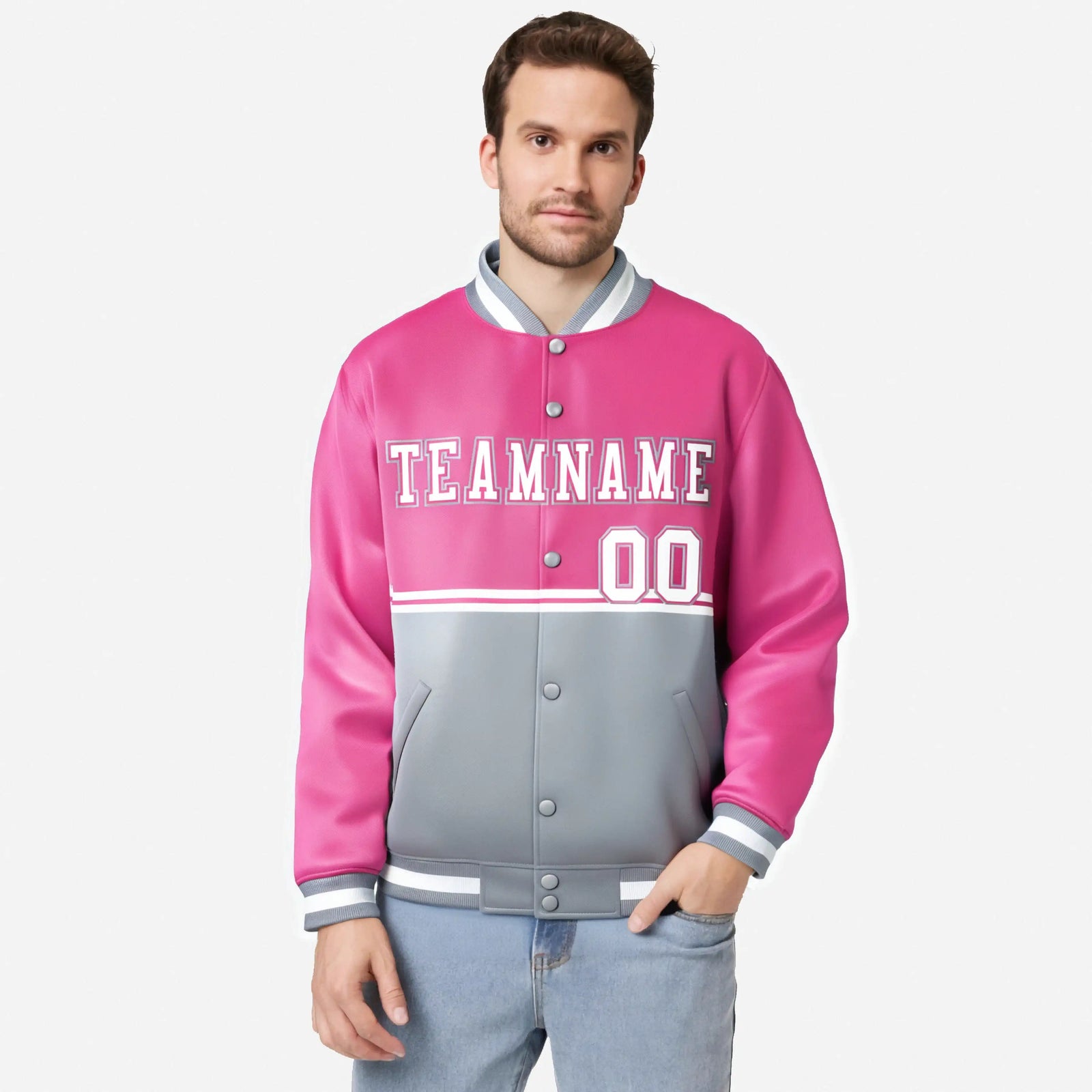 Custom Pink-Gray-Pink Varsity Full-Snap Letterman Color-Matching Split Fashion Jacket