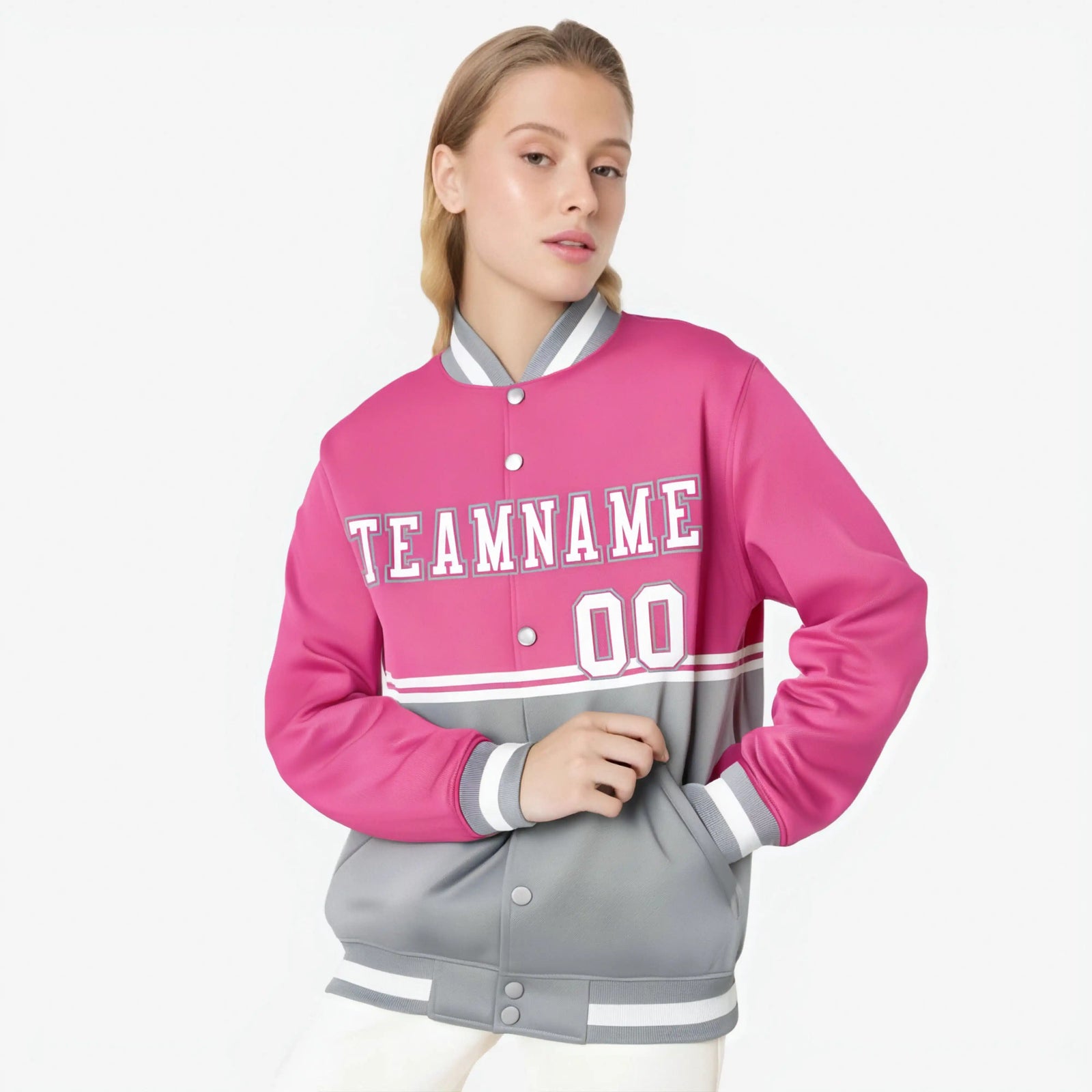 Custom Pink-Gray-Pink Varsity Full-Snap Letterman Color-Matching Split Fashion Jacket