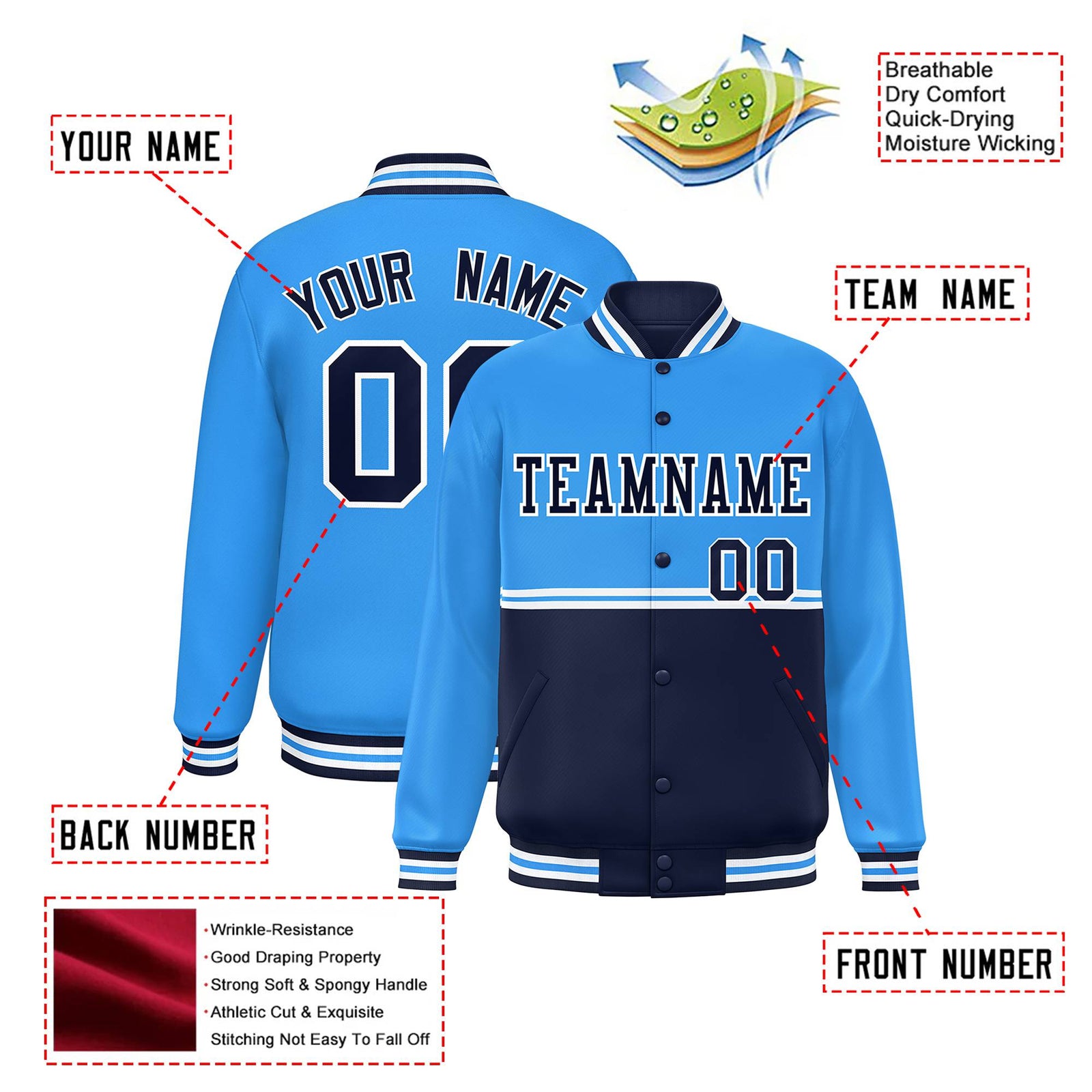 Custom Powder Blue-Navy-Powder Blue Varsity Full-Snap Letterman Color-Matching Split Fashion Jacket