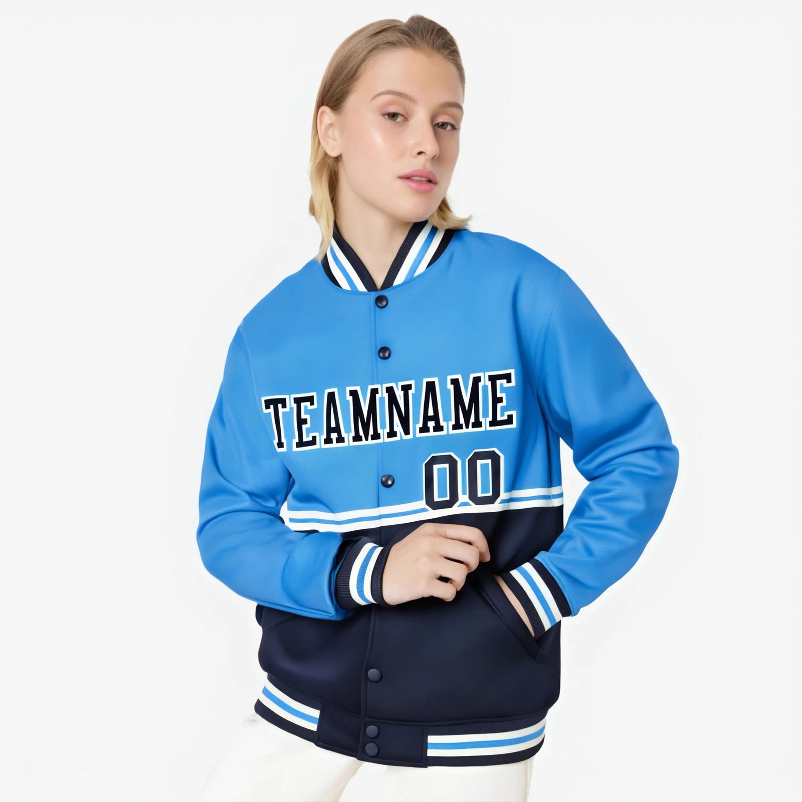 Custom Powder Blue-Navy-Powder Blue Varsity Full-Snap Letterman Color-Matching Split Fashion Jacket