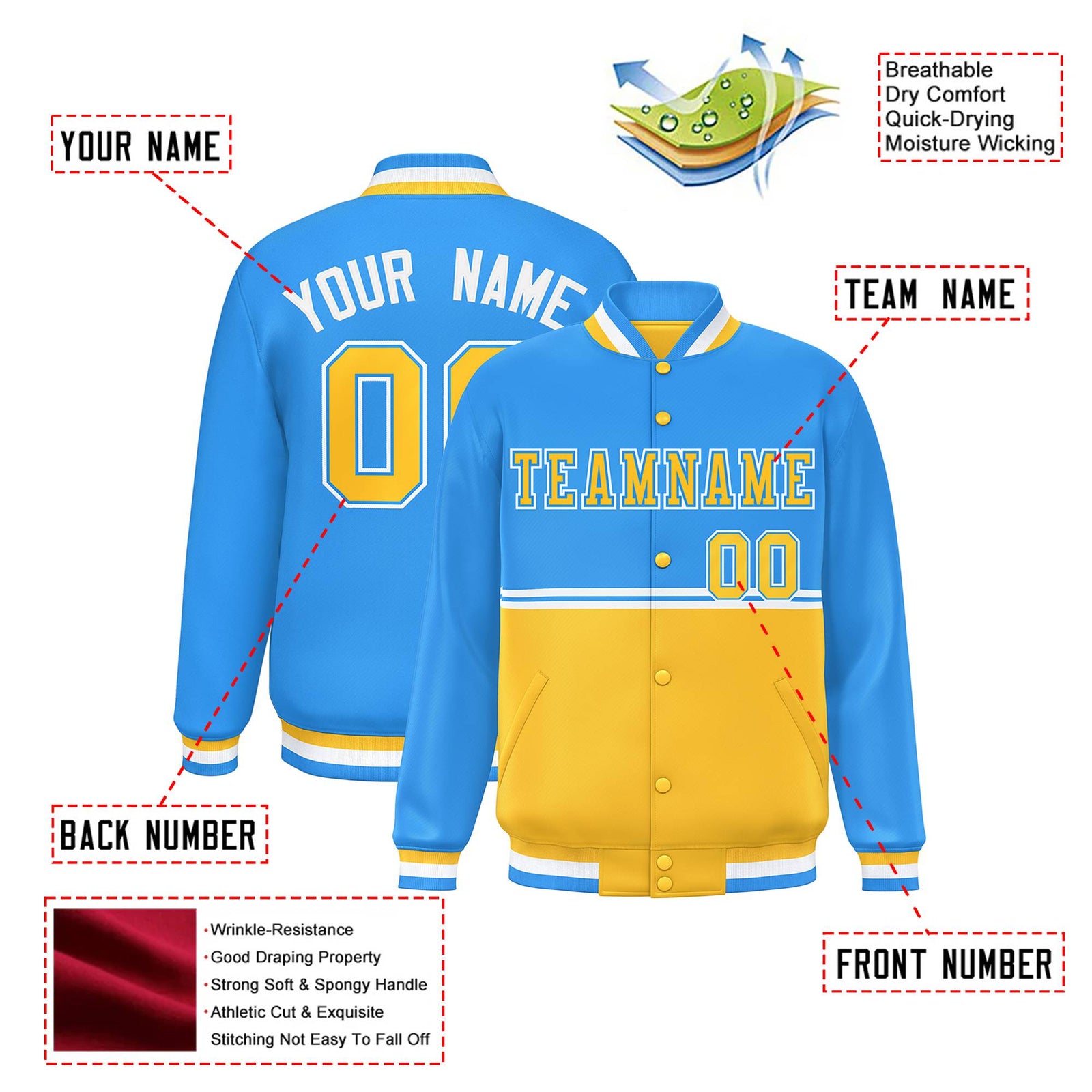 Custom Powder Blue-Gold-Powder Blue Varsity Full-Snap Letterman Color-Matching Split Fashion Jacket