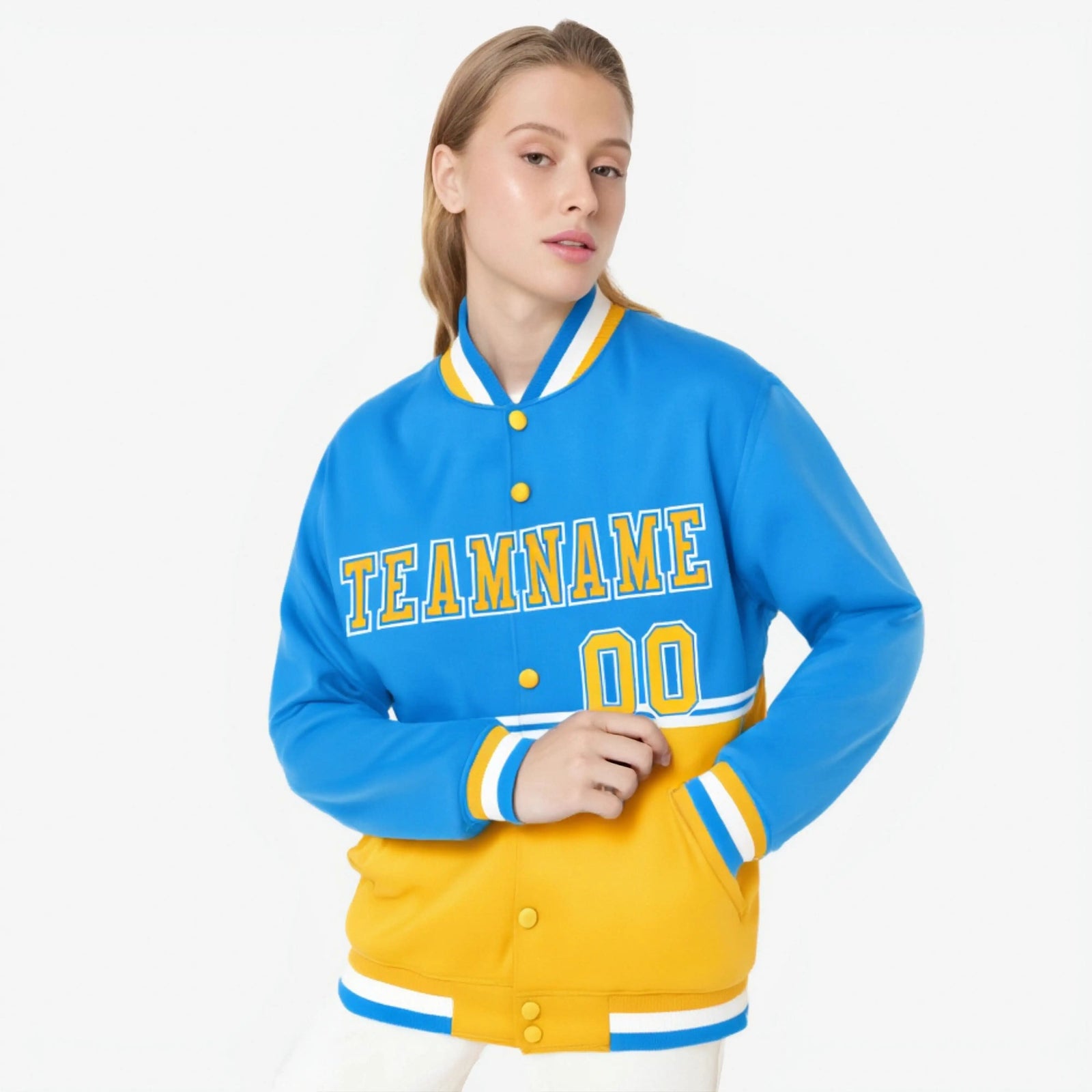 Custom Powder Blue-Gold-Powder Blue Varsity Full-Snap Letterman Color-Matching Split Fashion Jacket