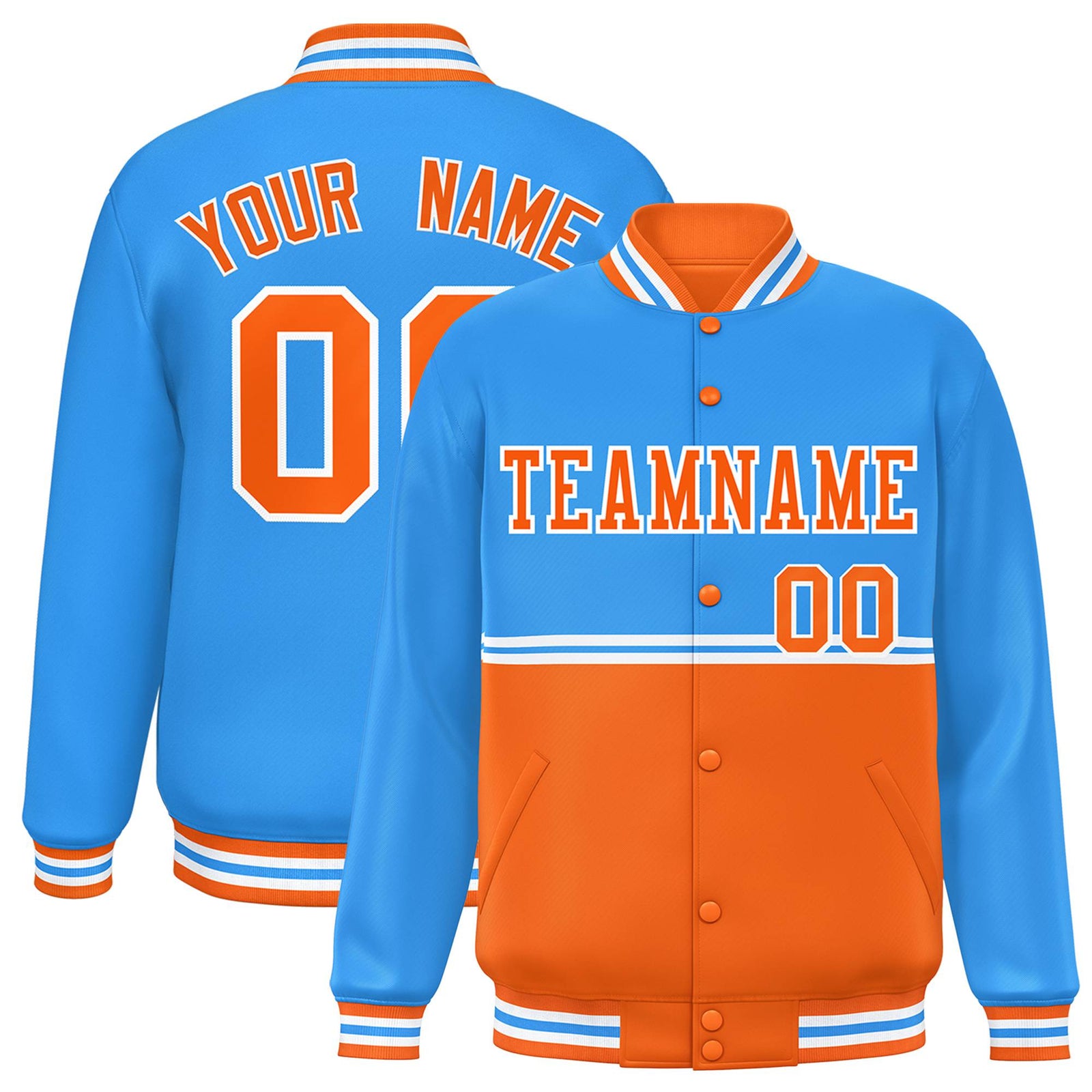 Custom Powder Blue-Orange-Powder Blue Varsity Full-Snap Letterman Color-Matching Split Fashion Jacket