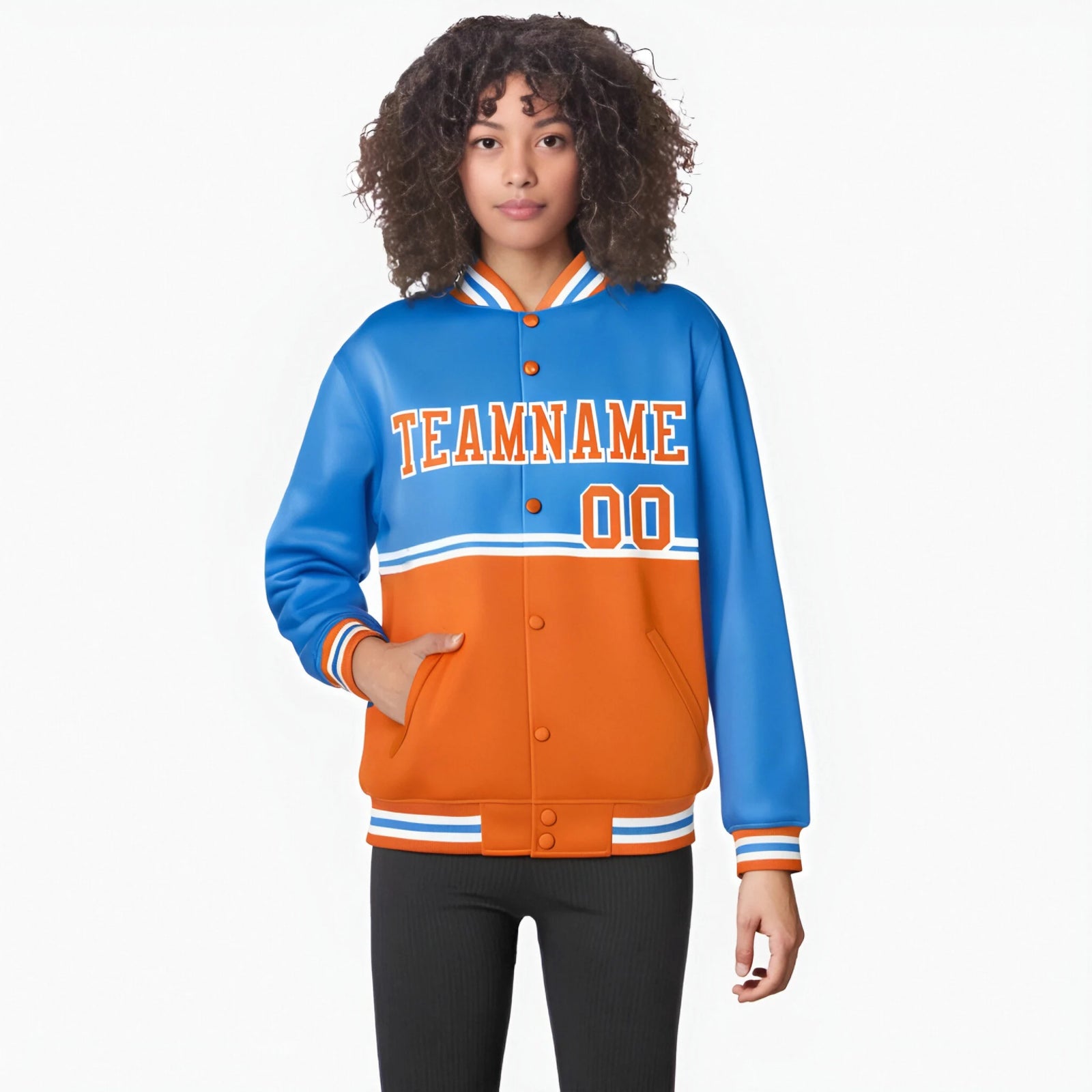 Custom Powder Blue-Orange-Powder Blue Varsity Full-Snap Letterman Color-Matching Split Fashion Jacket