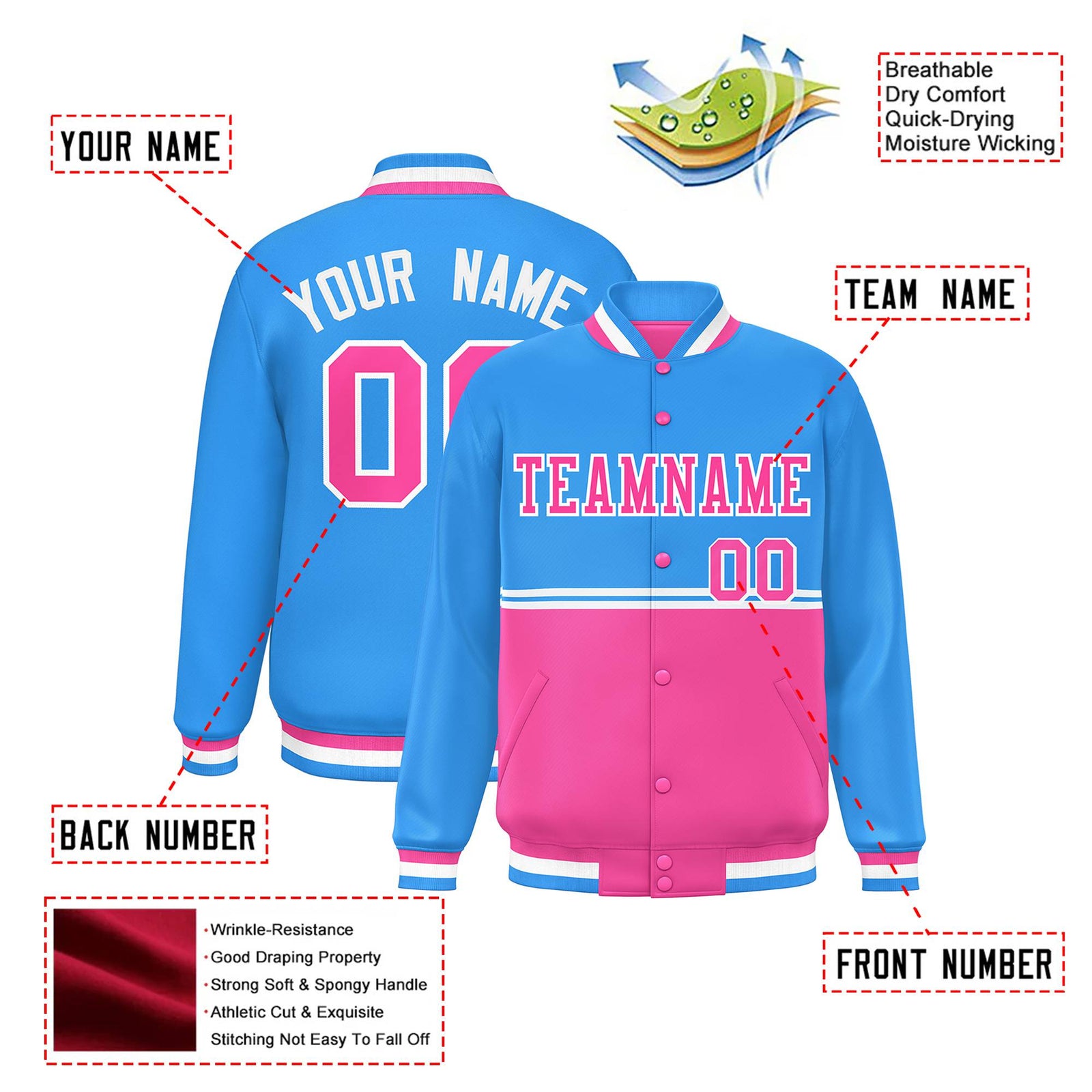 Custom Powder Blue-Pink-Powder Blue Varsity Full-Snap Letterman Color-Matching Split Fashion Jacket