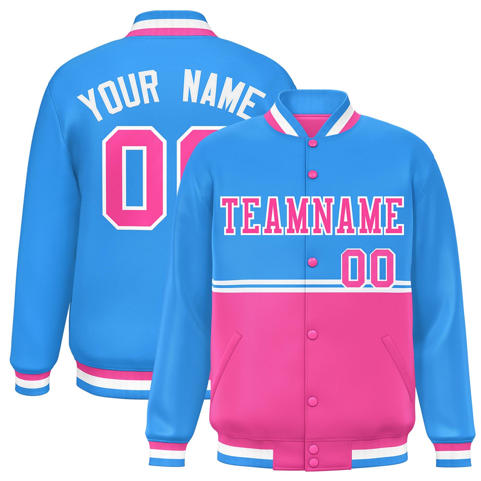 Custom Powder Blue-Pink-Powder Blue Varsity Full-Snap Letterman Color-Matching Split Fashion Jacket