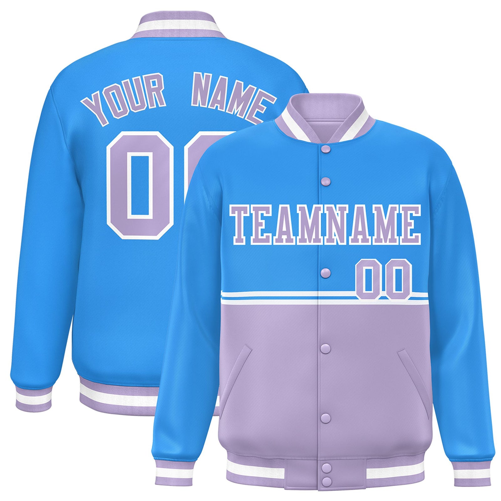 Custom Powder Blue-Light Purple-Powder Blue Varsity Full-Snap Letterman Color-Matching Split Fashion Jacket