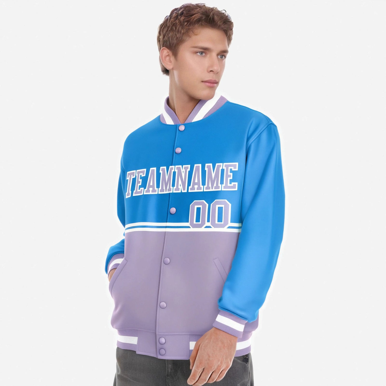 Custom Powder Blue-Light Purple-Powder Blue Varsity Full-Snap Letterman Color-Matching Split Fashion Jacket