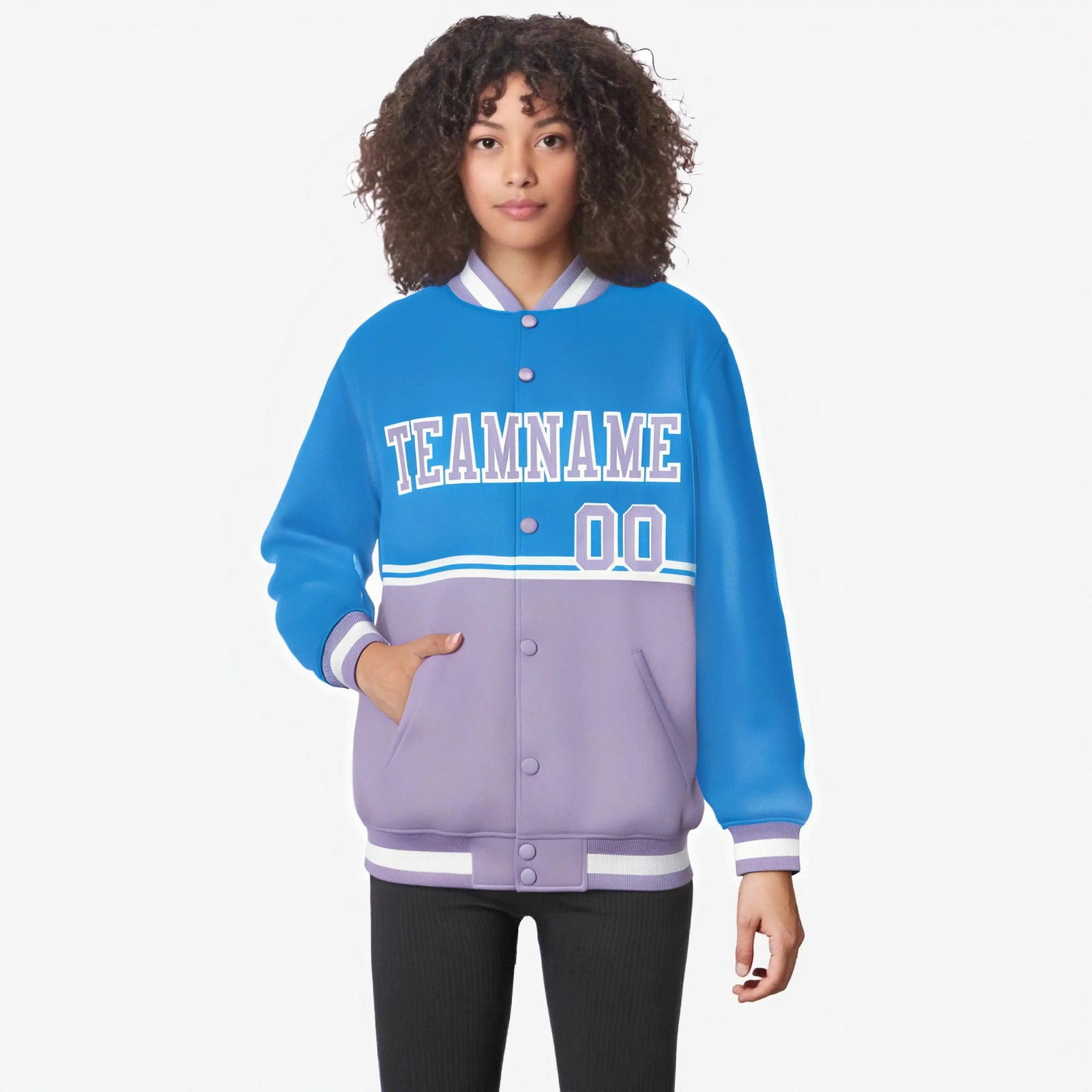Custom Powder Blue-Light Purple-Powder Blue Varsity Full-Snap Letterman Color-Matching Split Fashion Jacket