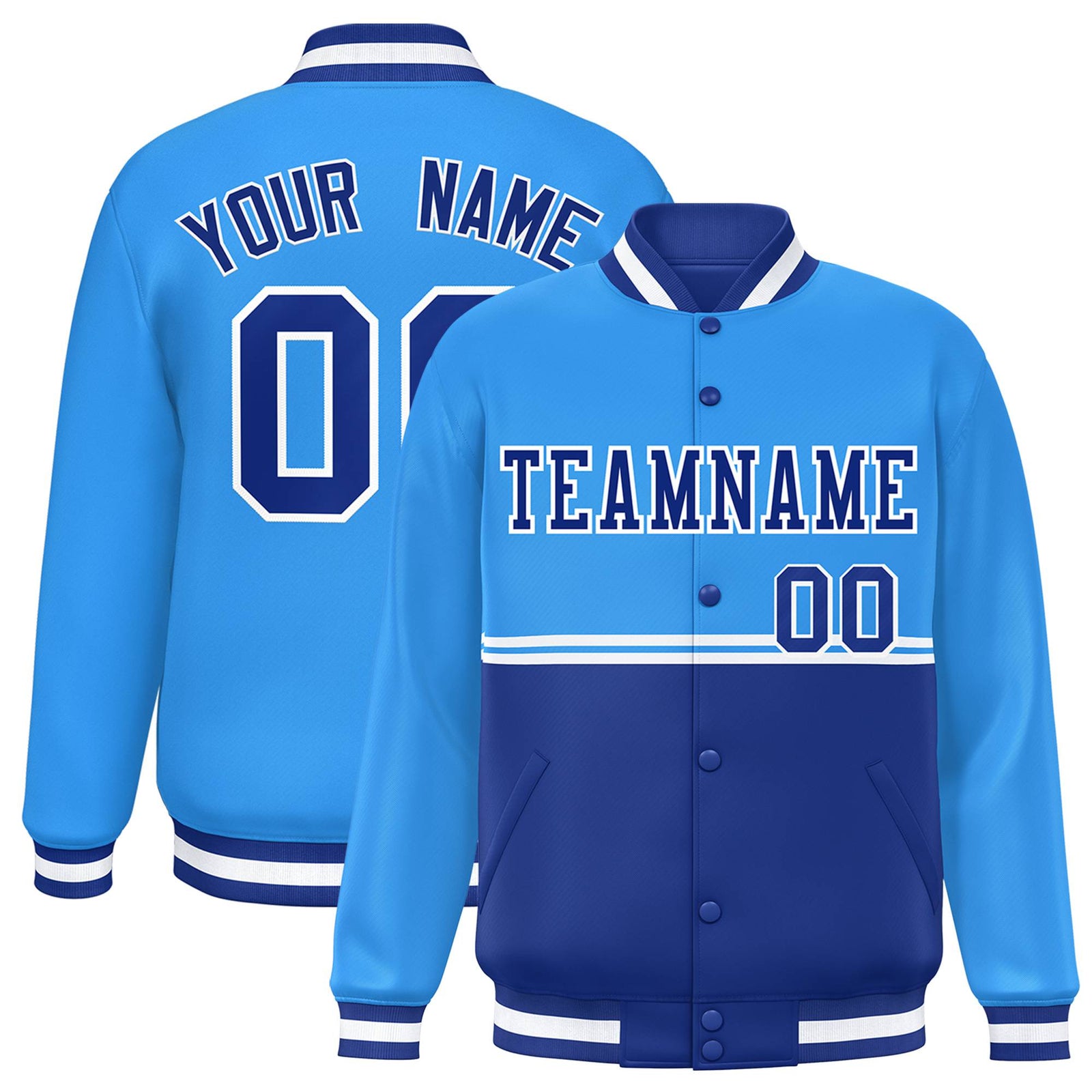 Custom Powder Blue-Royal Blue-Powder Blue Varsity Full-Snap Letterman Color-Matching Split Fashion Jacket