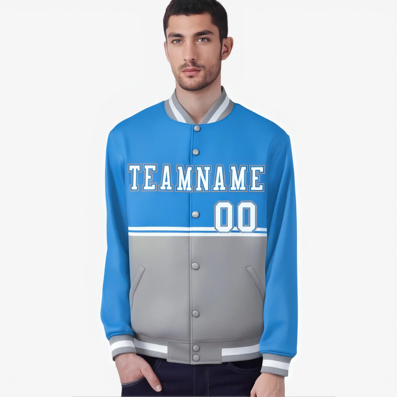 Custom Powder Blue-Gray-Powder Blue Varsity Full-Snap Letterman Color-Matching Split Fashion Jacket