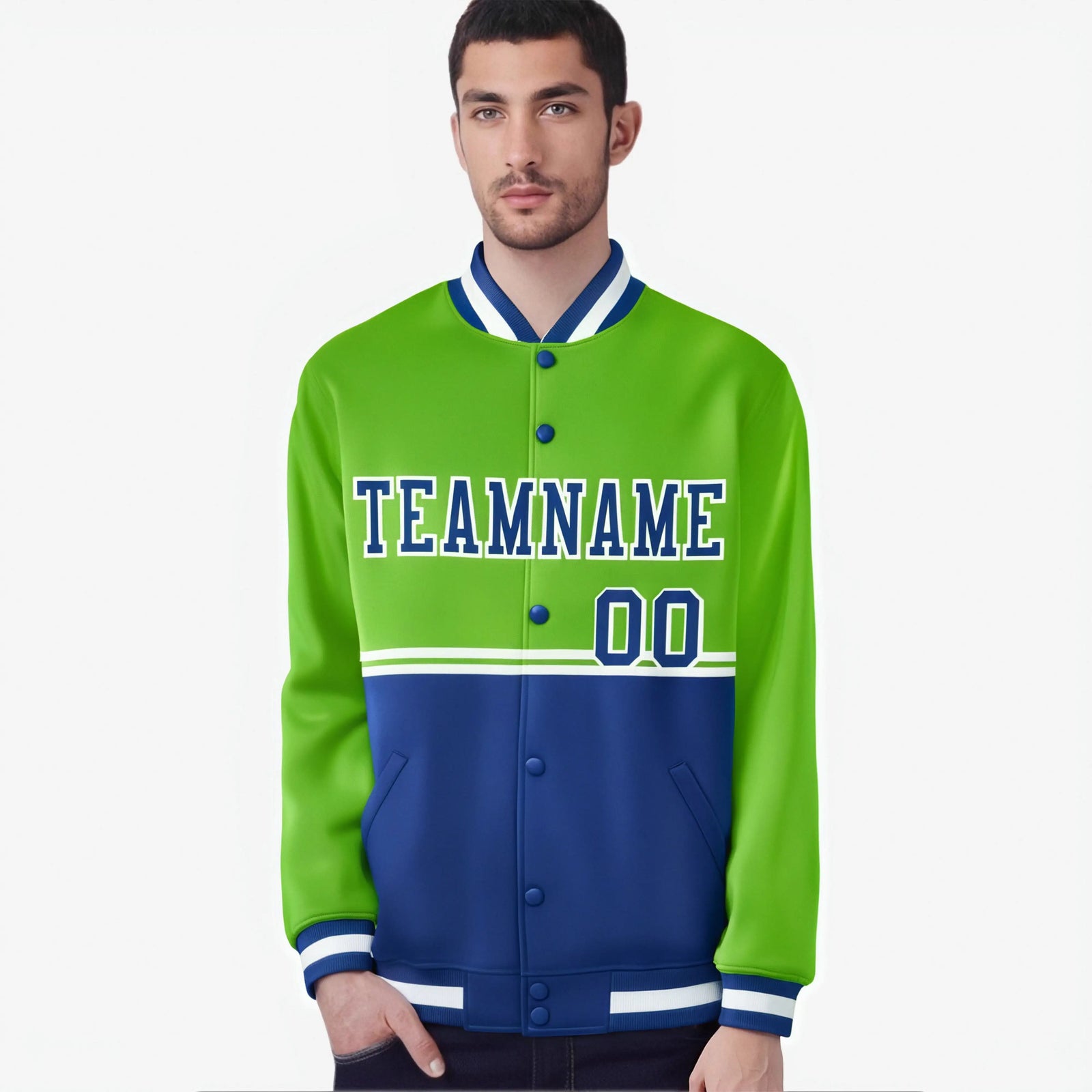 Custom Neon Green-Royal Blue-Neon Green Varsity Full-Snap Letterman Color-Matching Split Fashion Jacket
