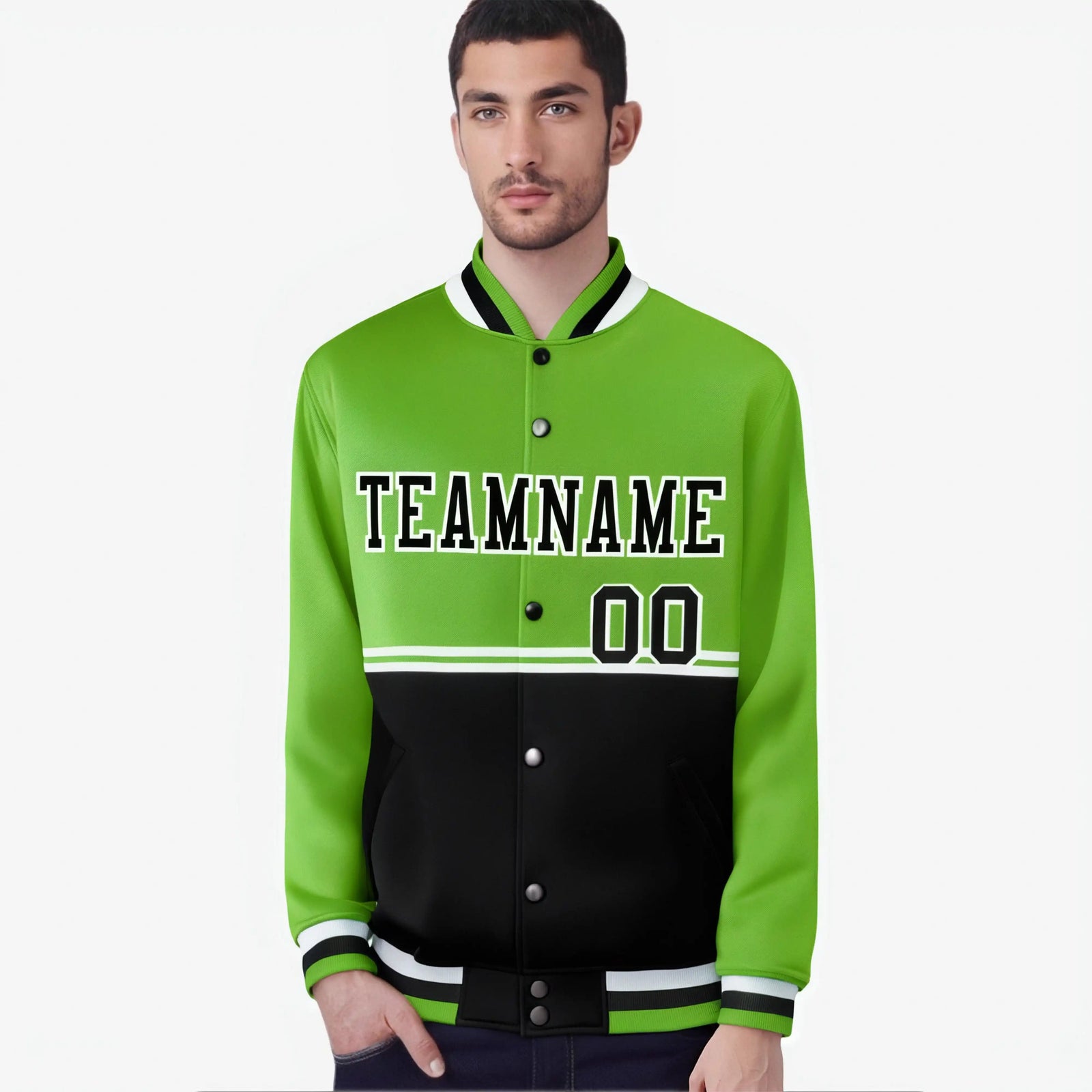 Custom Neon Green-Black-Neon Green Varsity Full-Snap Letterman Color-Matching Split Fashion Jacket