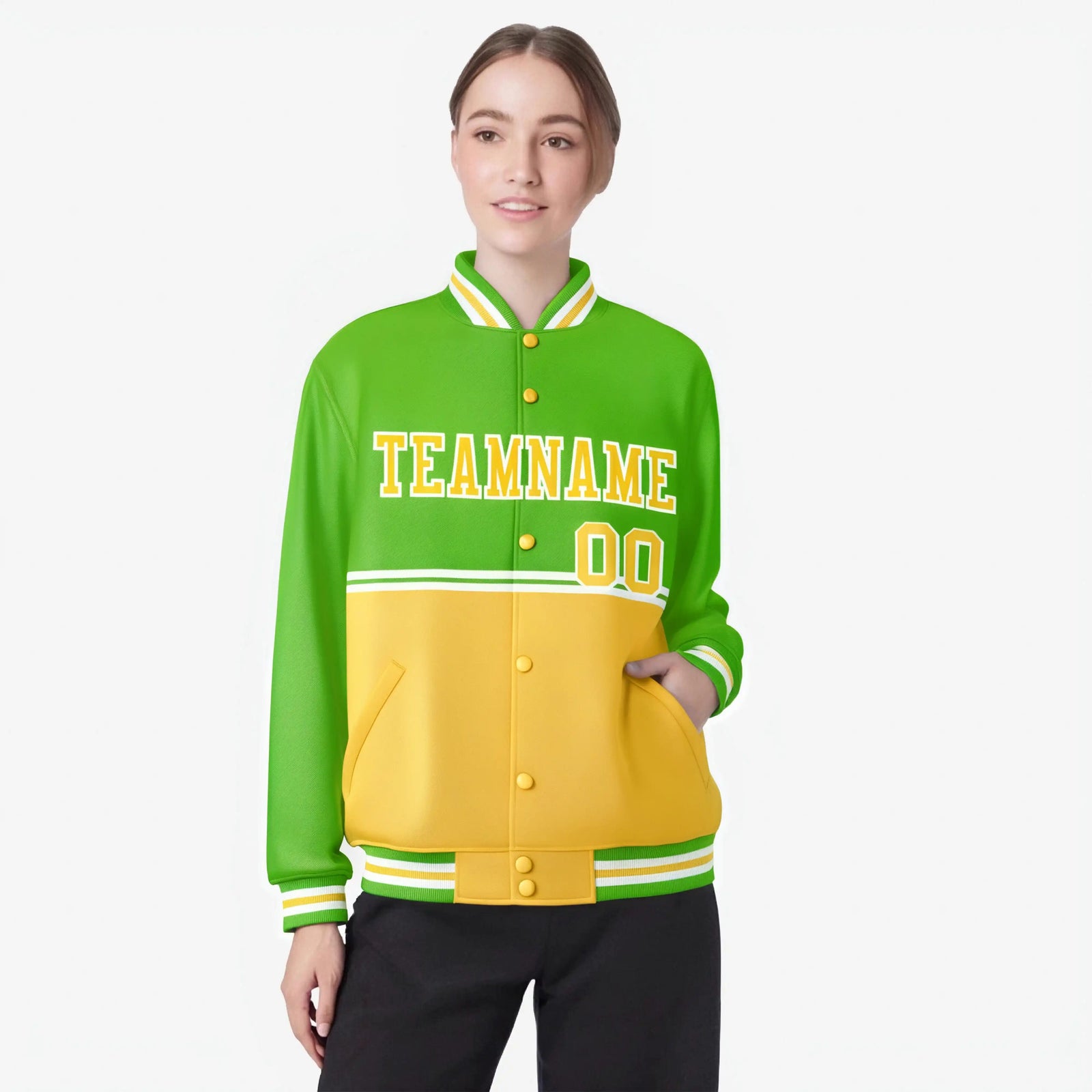 Custom Neon Green-Gold-Neon Green Varsity Full-Snap Letterman Color-Matching Split Fashion Jacket