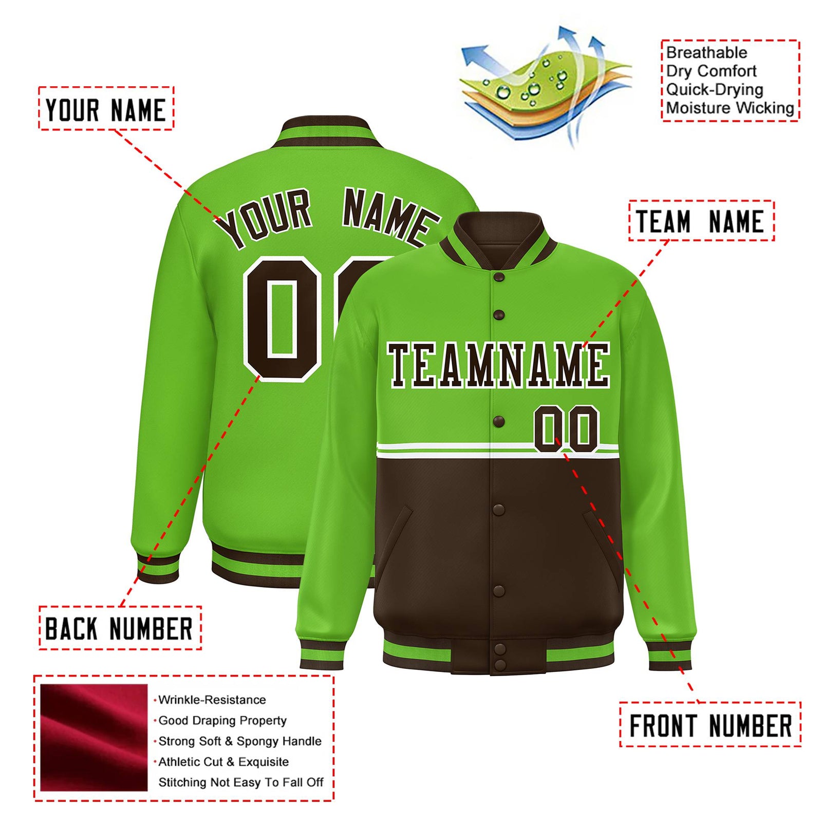 Custom Neon Green-Brown-Neon Green Varsity Full-Snap Letterman Color-Matching Split Fashion Jacket