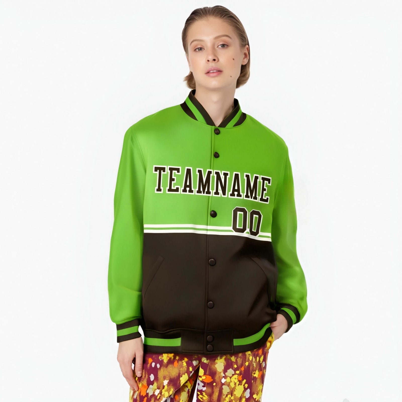 Custom Neon Green-Brown-Neon Green Varsity Full-Snap Letterman Color-Matching Split Fashion Jacket