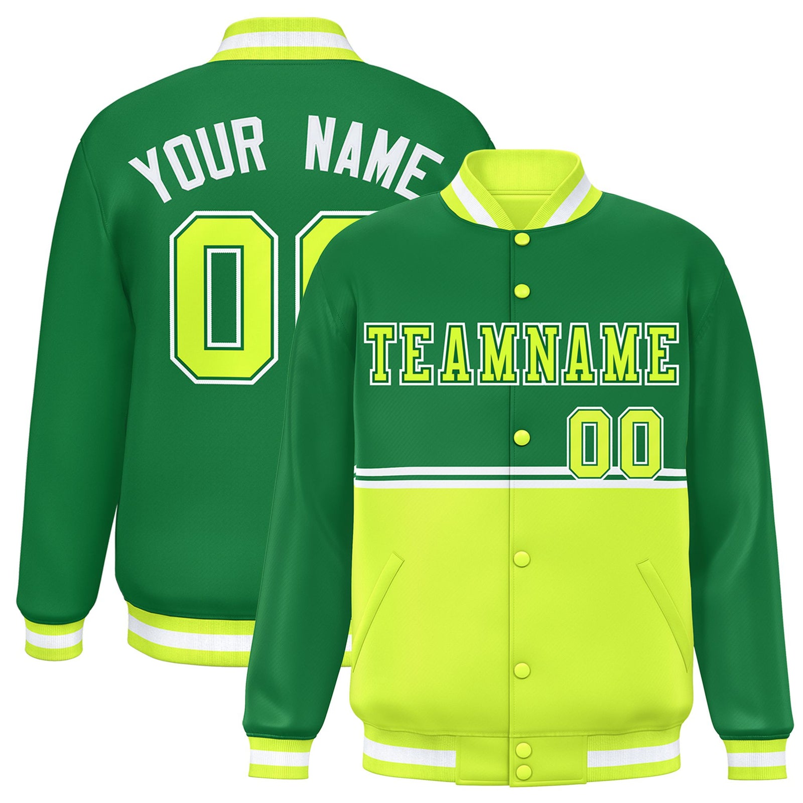 Custom Kelly Green-Fluorescent Green-Kelly Green Varsity Full-Snap Letterman Color-Matching Split Fashion Jacket