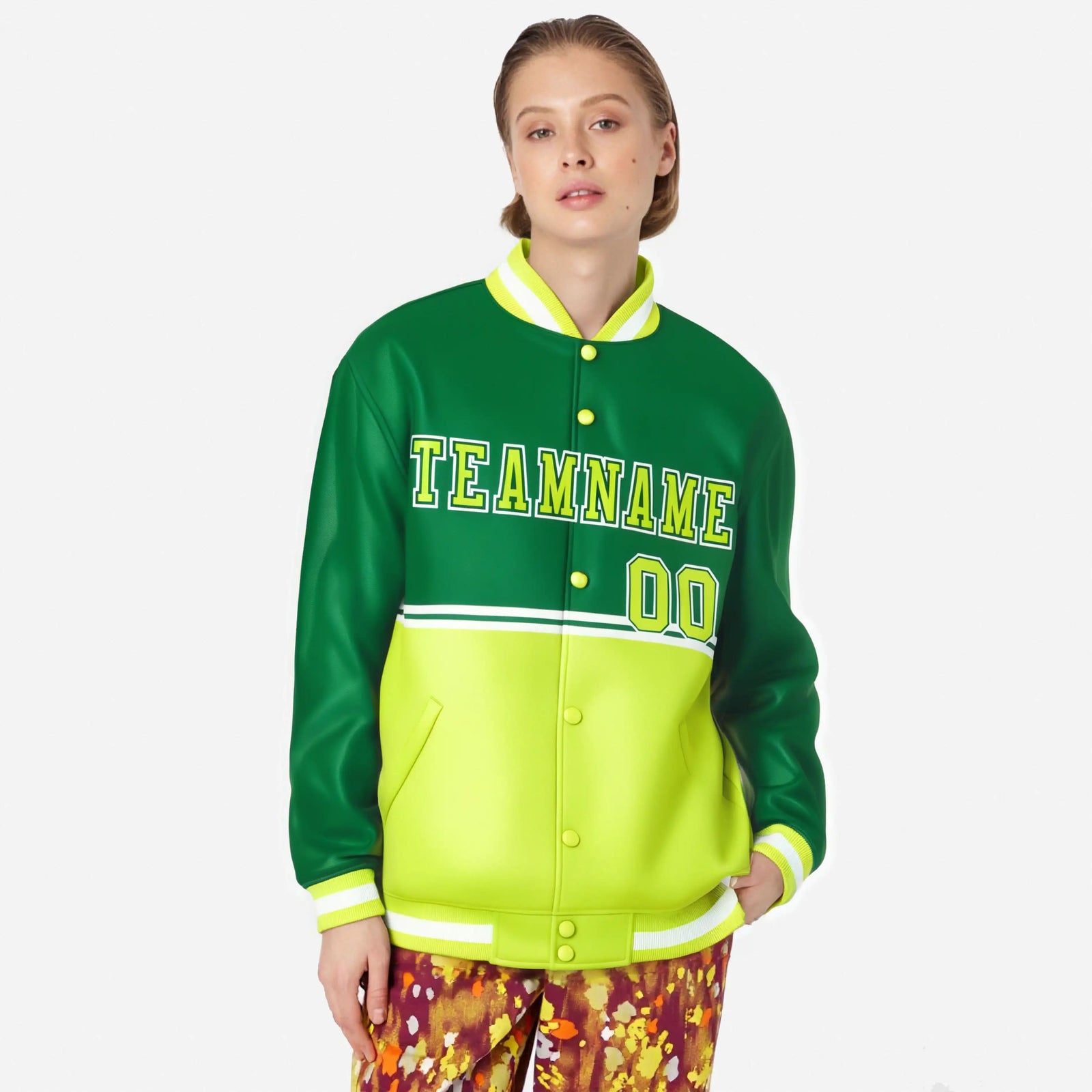 Custom Kelly Green-Fluorescent Green-Kelly Green Varsity Full-Snap Letterman Color-Matching Split Fashion Jacket