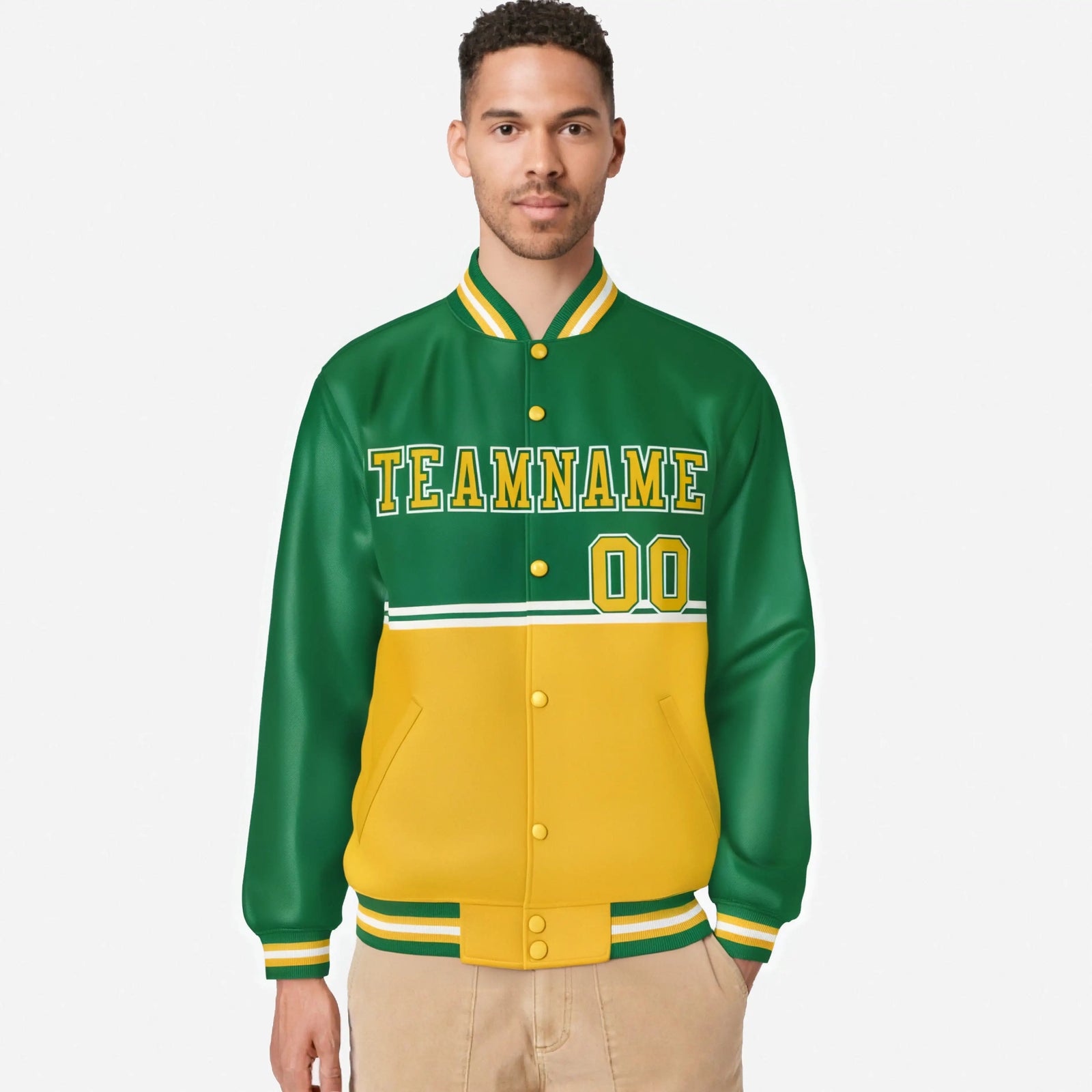 Custom Kelly Green-Gold-Kelly Green Varsity Full-Snap Letterman Color-Matching Split Fashion Jacket