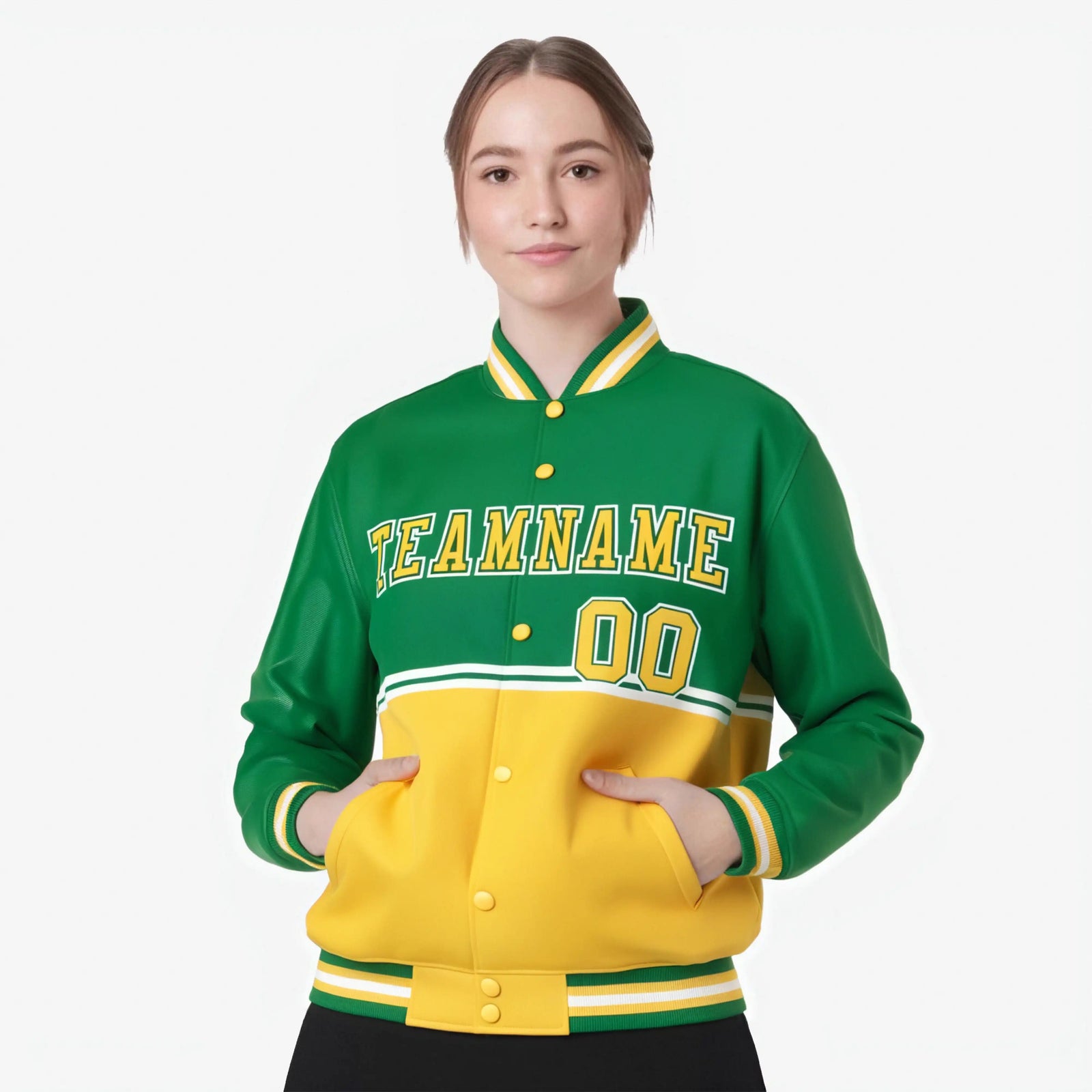 Custom Kelly Green-Gold-Kelly Green Varsity Full-Snap Letterman Color-Matching Split Fashion Jacket