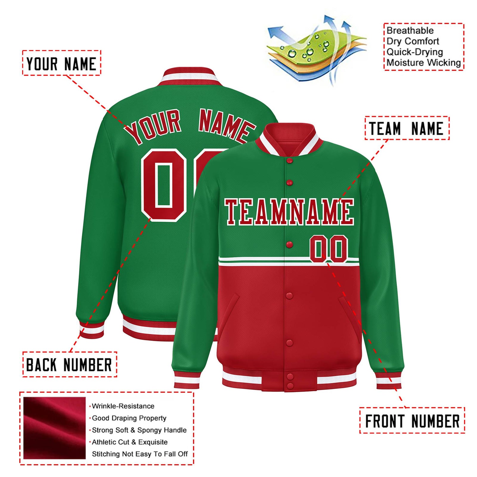 Custom Kelly Green-Red-Kelly Green Varsity Full-Snap Letterman Color-Matching Split Fashion Jacket