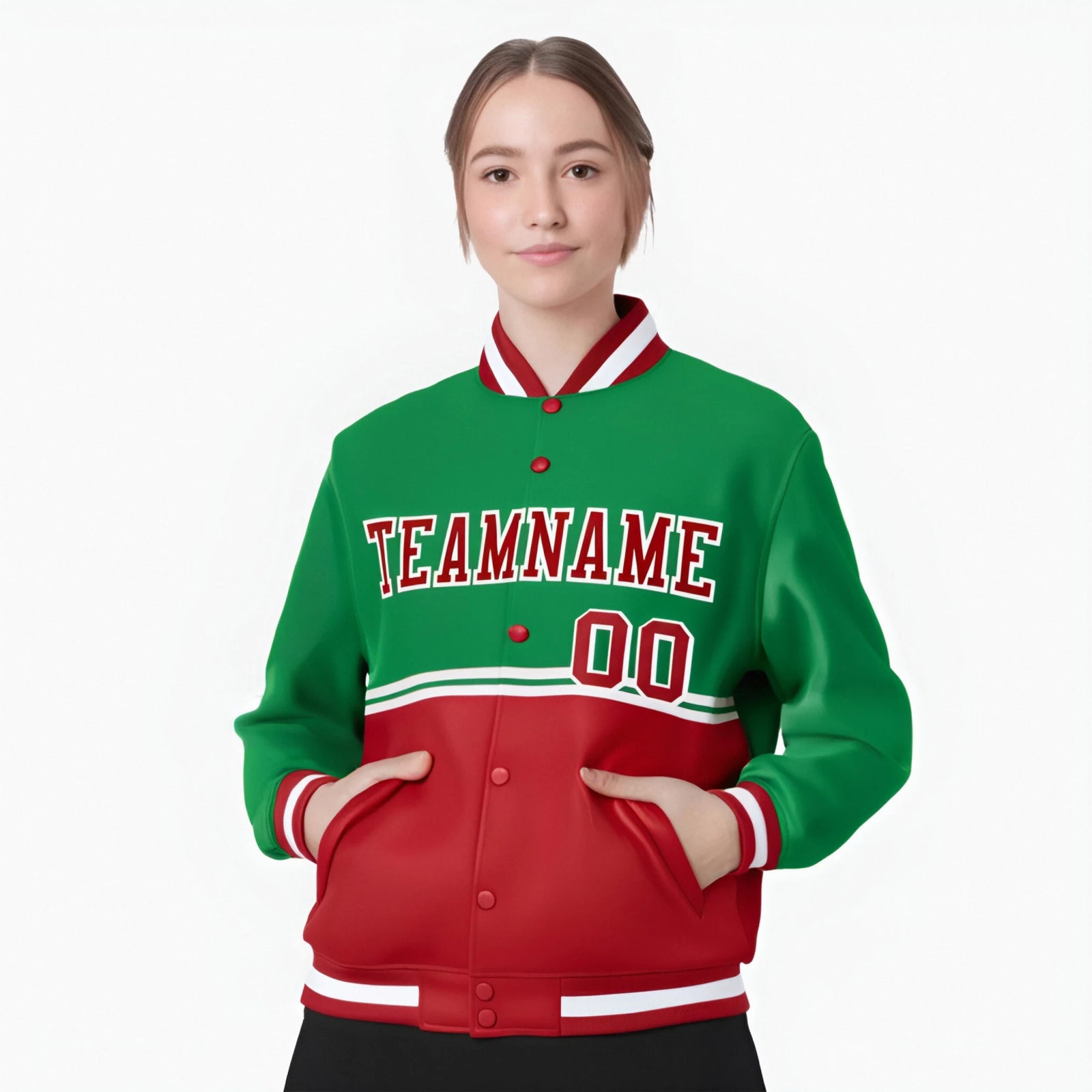 Custom Kelly Green-Red-Kelly Green Varsity Full-Snap Letterman Color-Matching Split Fashion Jacket