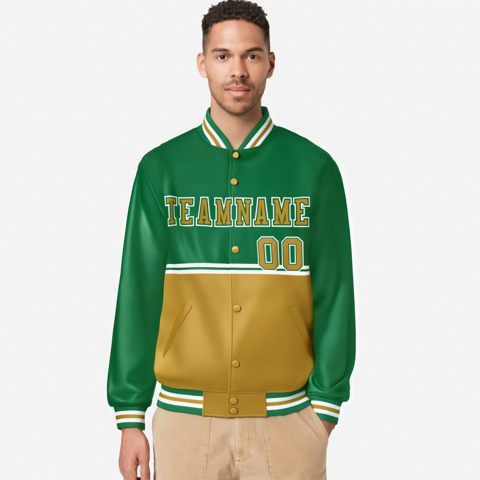Custom Kelly Green-Gold-Kelly Green Varsity Full-Snap Letterman Color-Matching Split Fashion Jacket