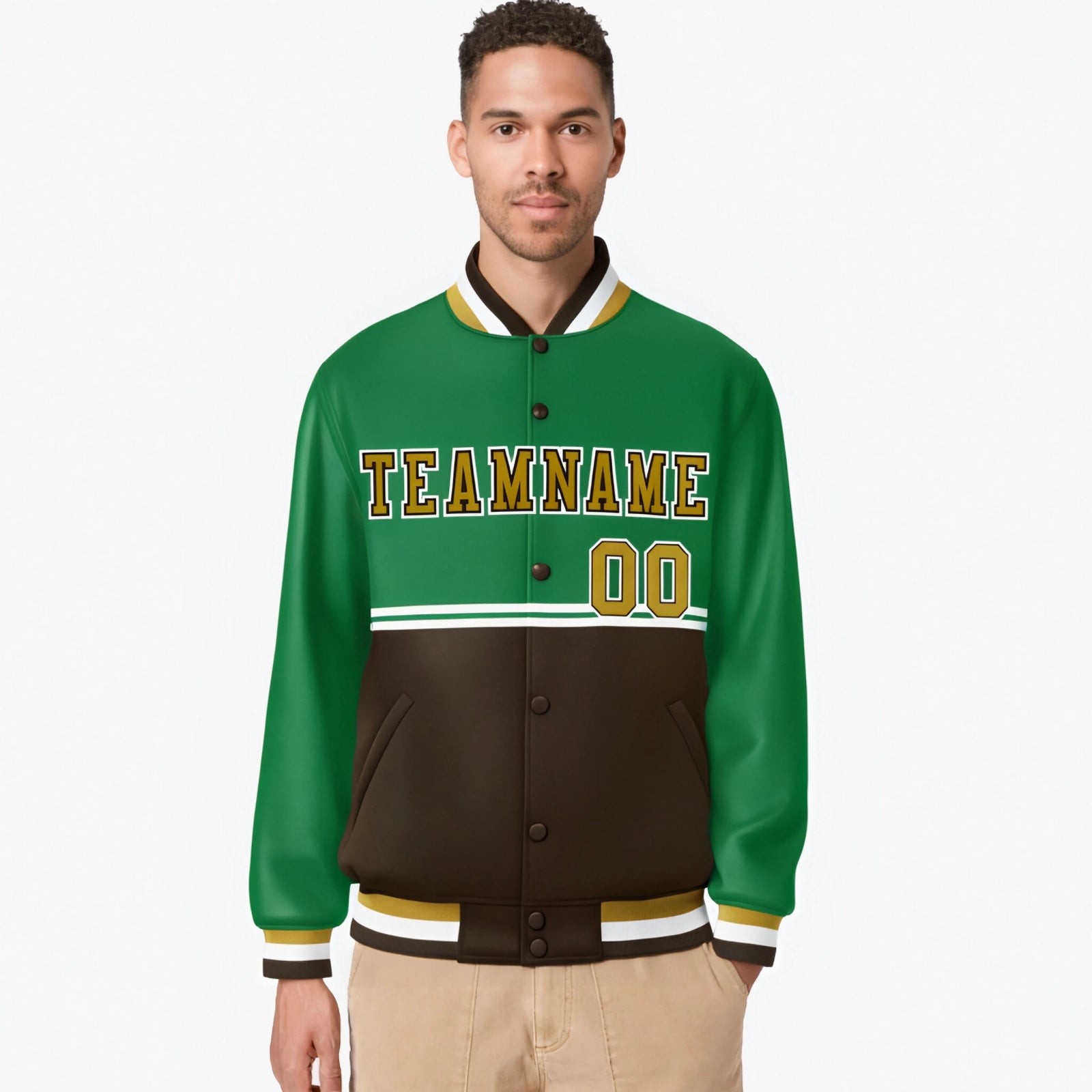 Custom Kelly Green-Brown-Kelly Green Varsity Full-Snap Letterman Color-Matching Split Fashion Jacket