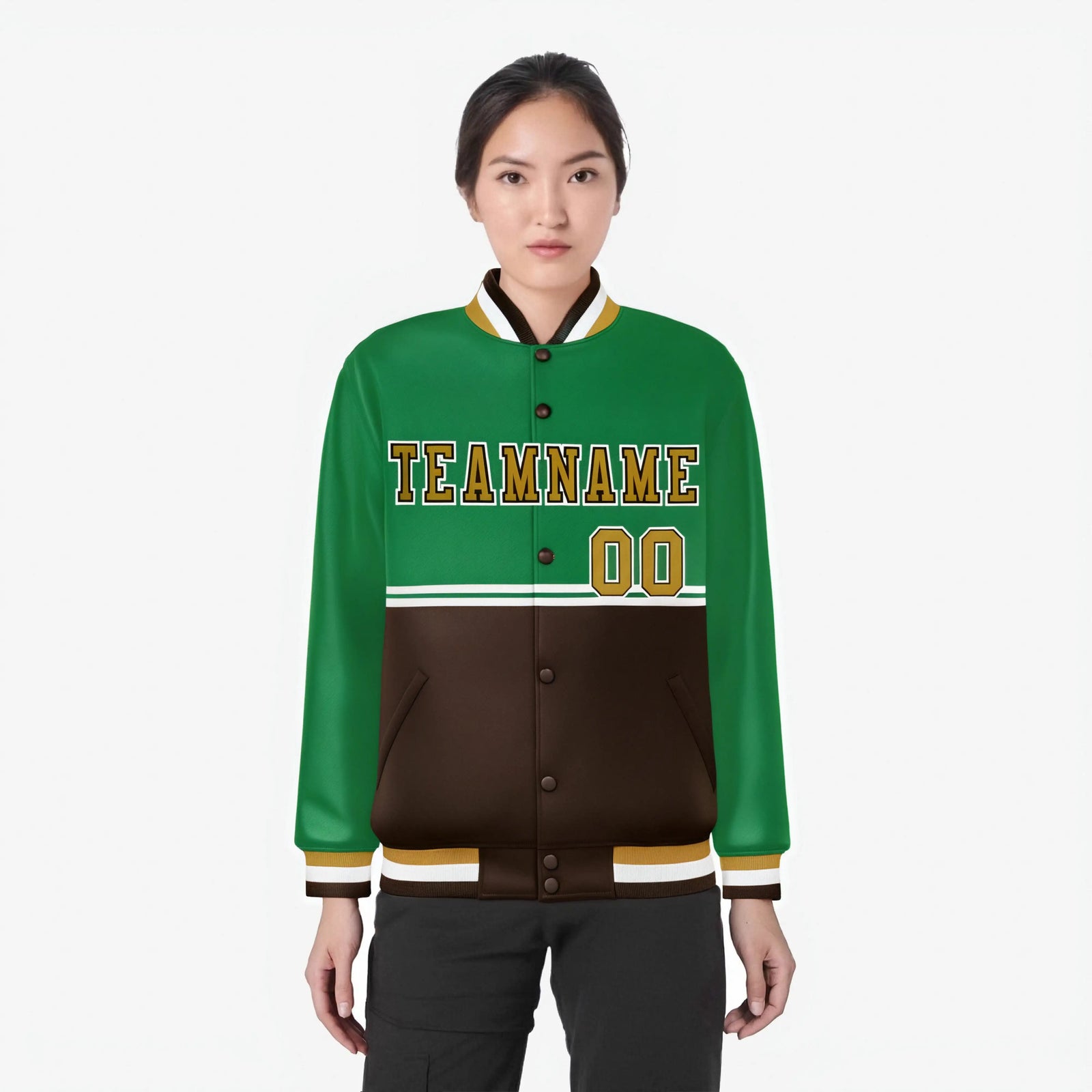 Custom Kelly Green-Brown-Kelly Green Varsity Full-Snap Letterman Color-Matching Split Fashion Jacket