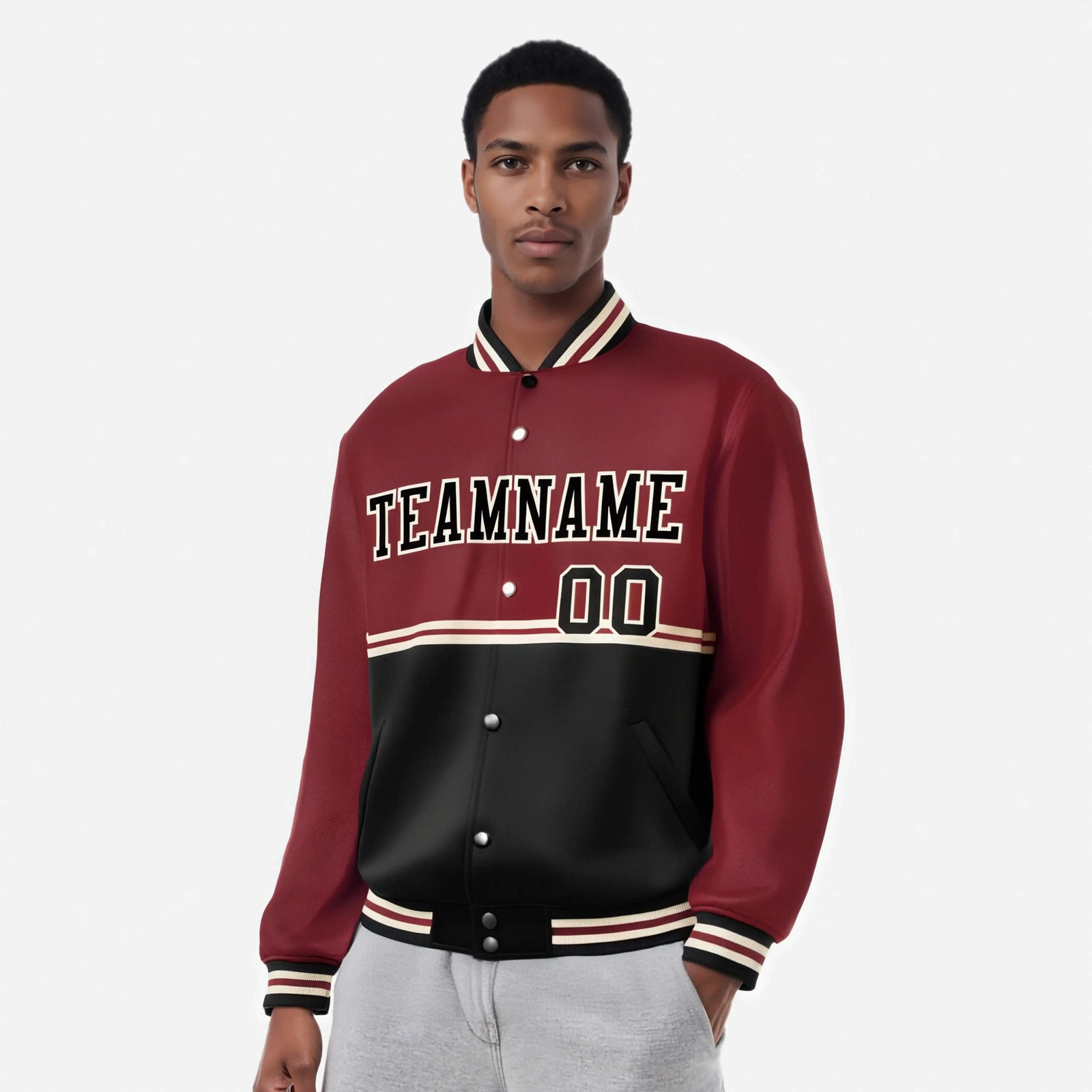 Custom Crimson-Black-Crimson Varsity Full-Snap Letterman Color-Matching Split Fashion Jacket