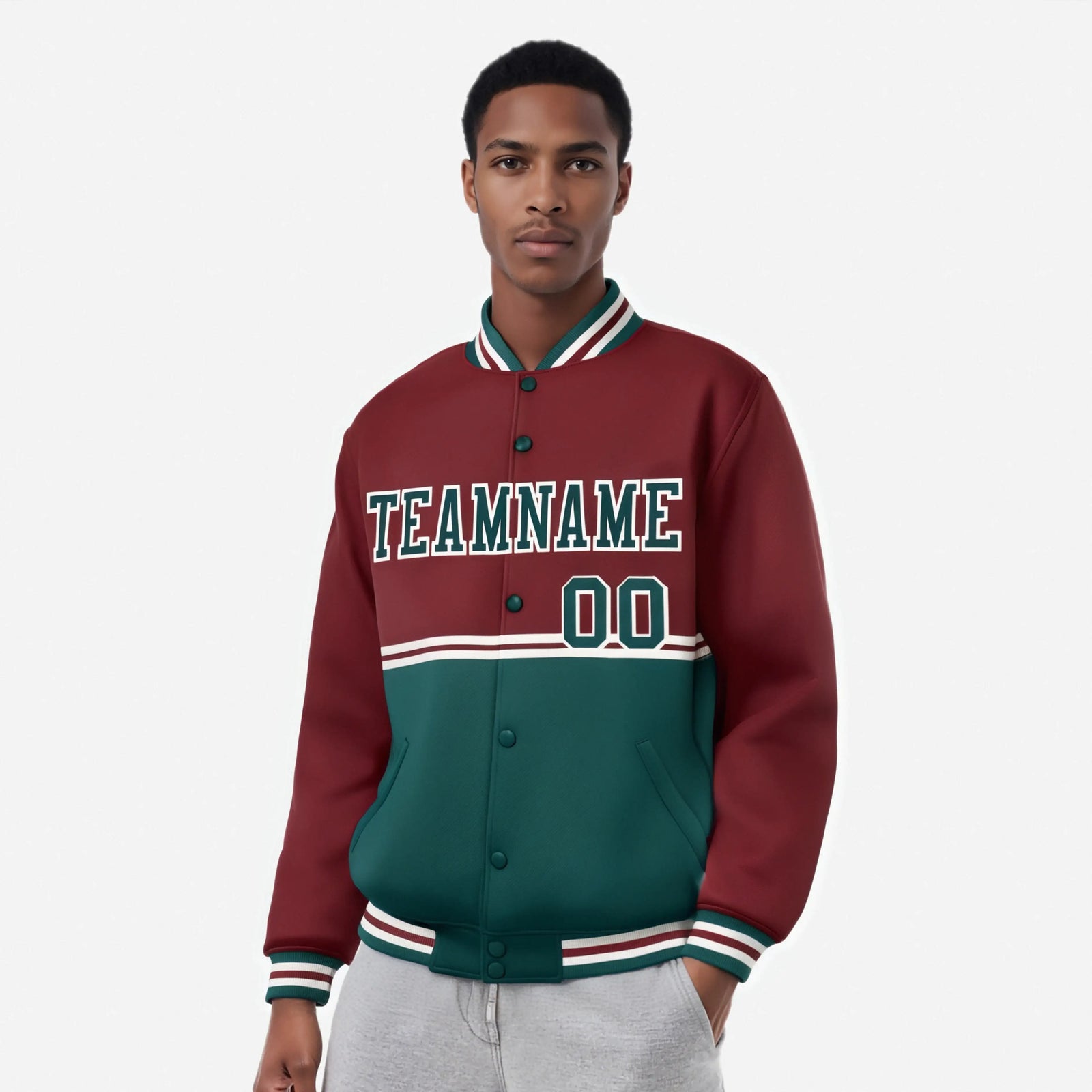 Custom Crimson-Green-Crimson Varsity Full-Snap Letterman Color-Matching Split Fashion Jacket
