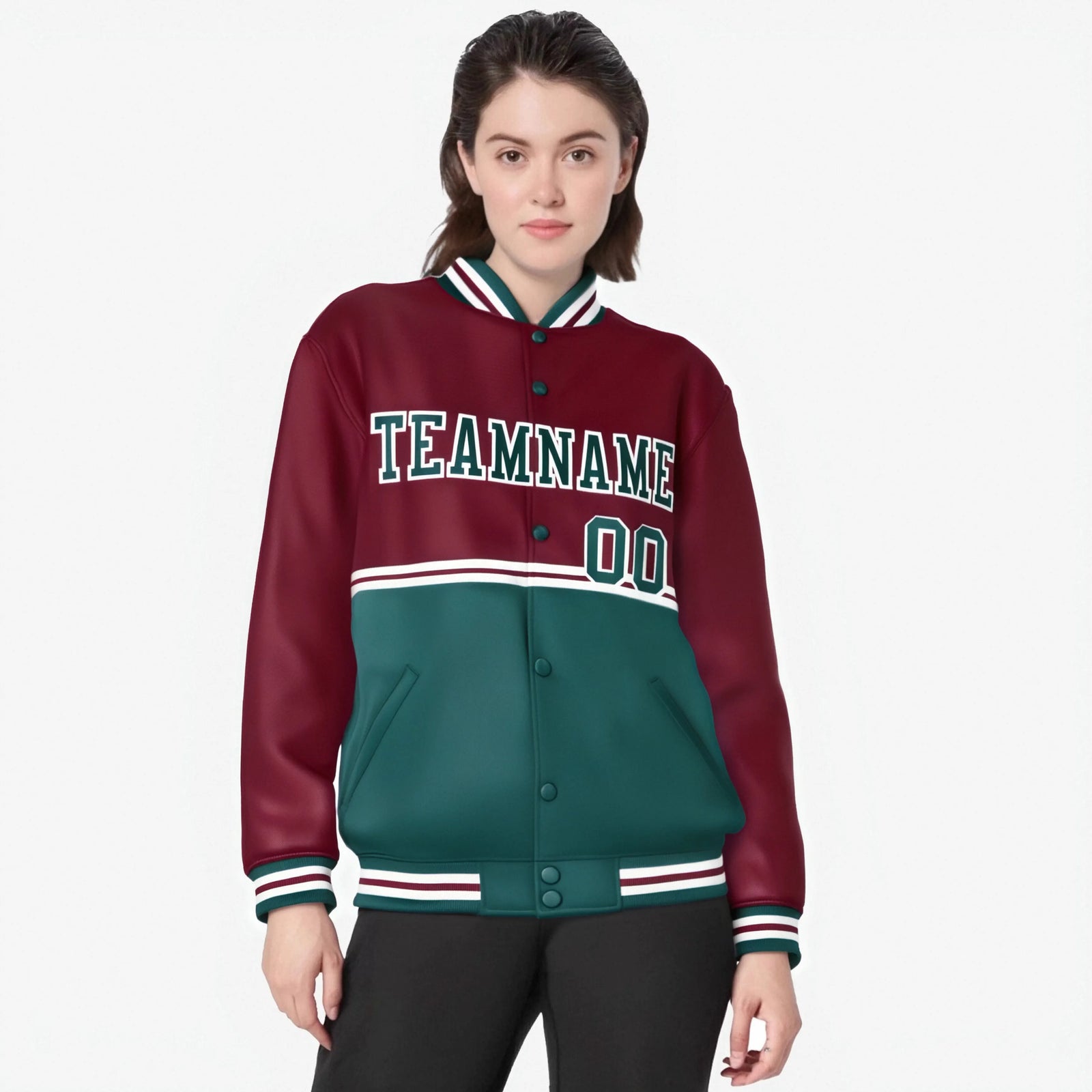 Custom Crimson-Green-Crimson Varsity Full-Snap Letterman Color-Matching Split Fashion Jacket