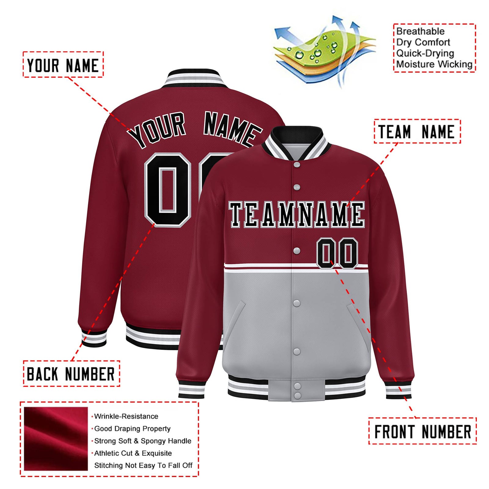 Custom Crimson-Gray-Crimson Varsity Full-Snap Letterman Color-Matching Split Fashion Jacket