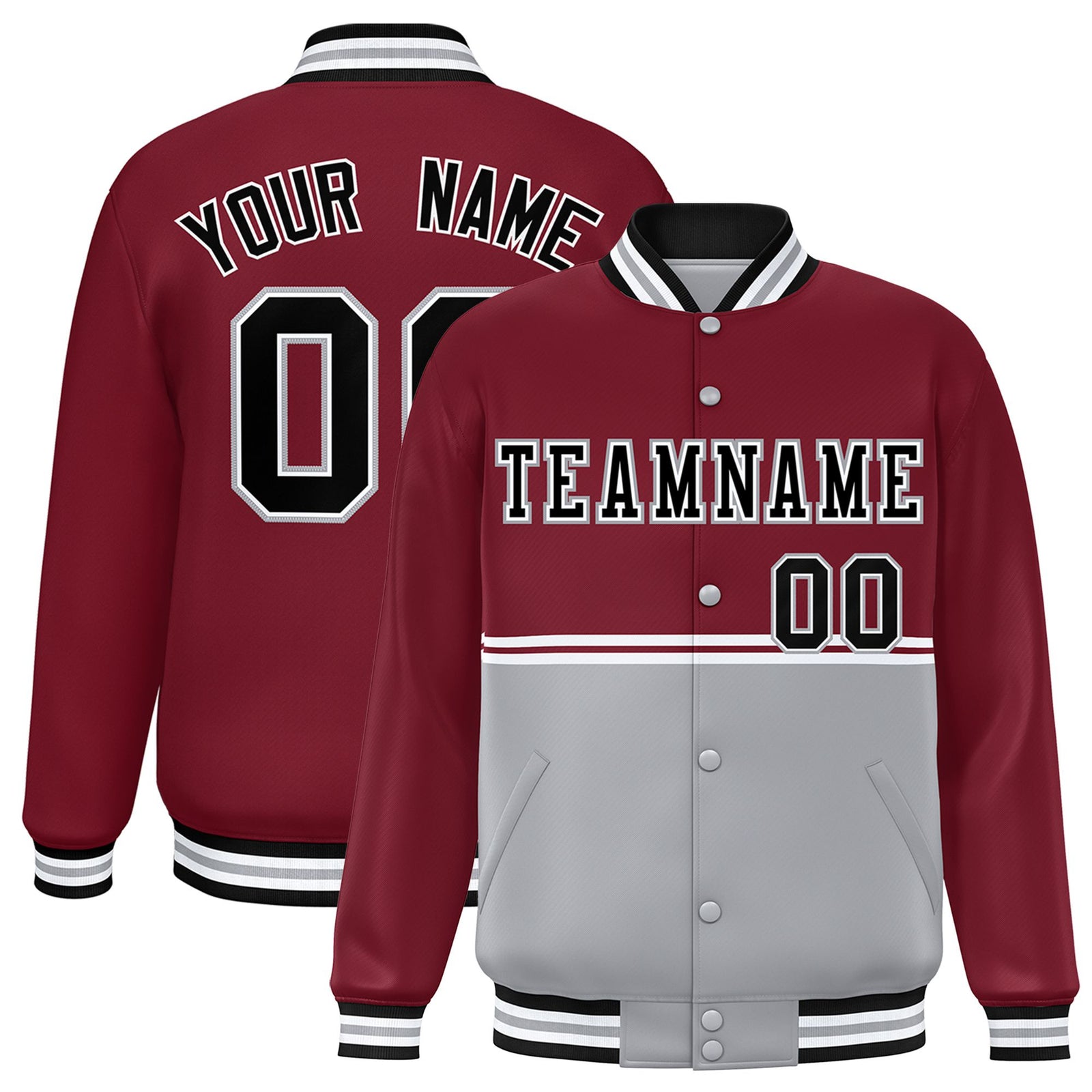 Custom Crimson-Gray-Crimson Varsity Full-Snap Letterman Color-Matching Split Fashion Jacket