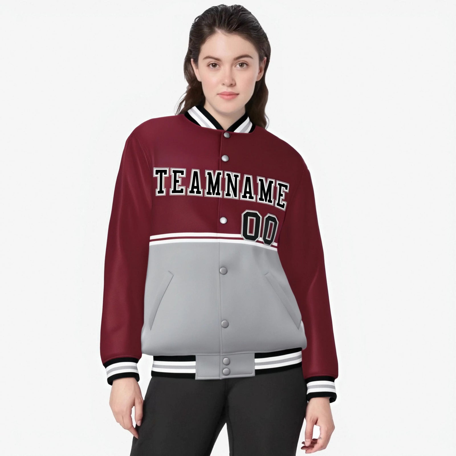 Custom Crimson-Gray-Crimson Varsity Full-Snap Letterman Color-Matching Split Fashion Jacket
