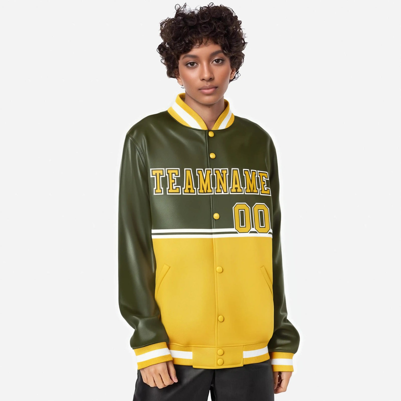 Custom Olive-Gold-Olive Varsity Full-Snap Letterman Color-Matching Split Fashion Jacket