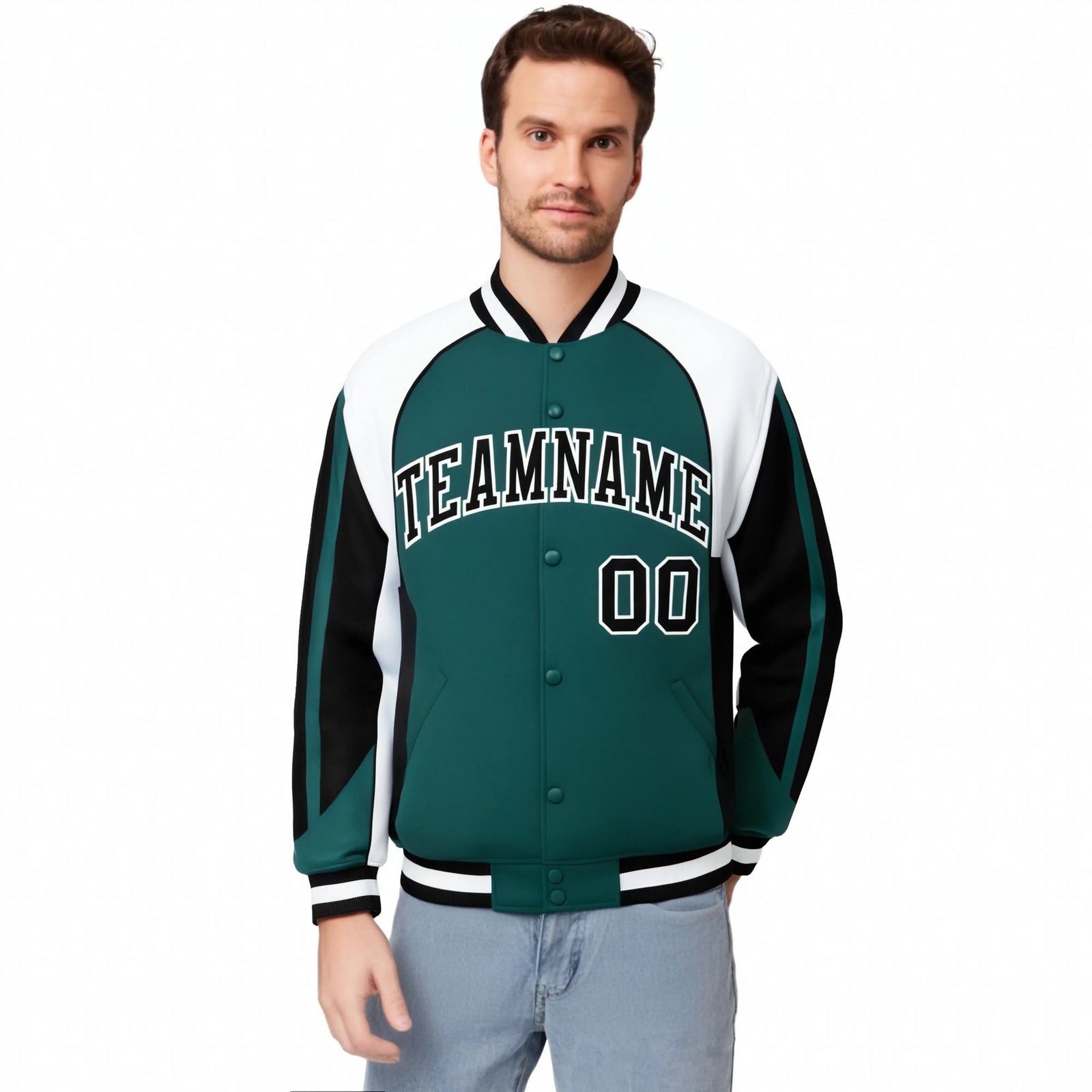 Custom Midnight-Green White-Black Raglan Sleeves Varsity Letterman Two Tone Jacket