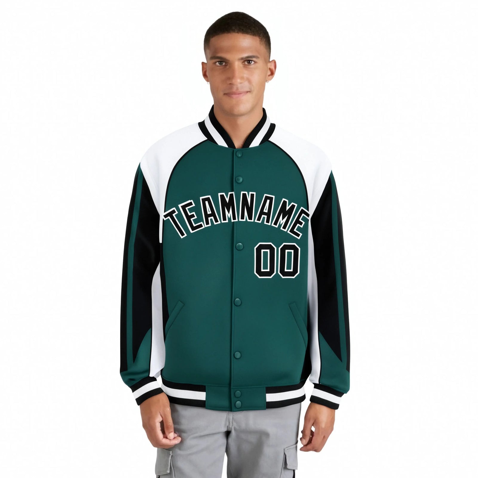 Custom Midnight-Green White-Black Raglan Sleeves Varsity Letterman Two Tone Jacket