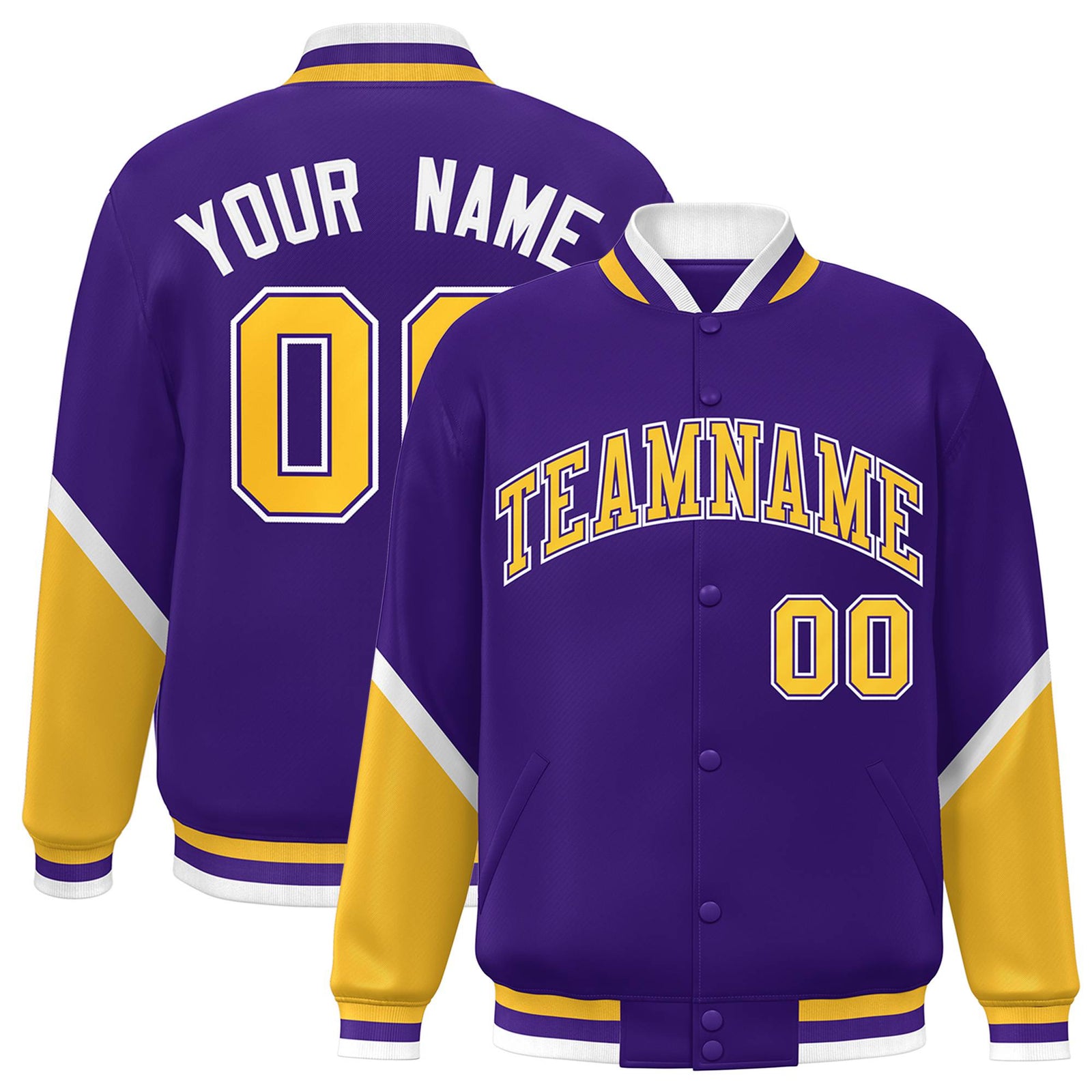 Custom Purple Gold-White Varsity Full-Snap Color Block Letterman Jacket