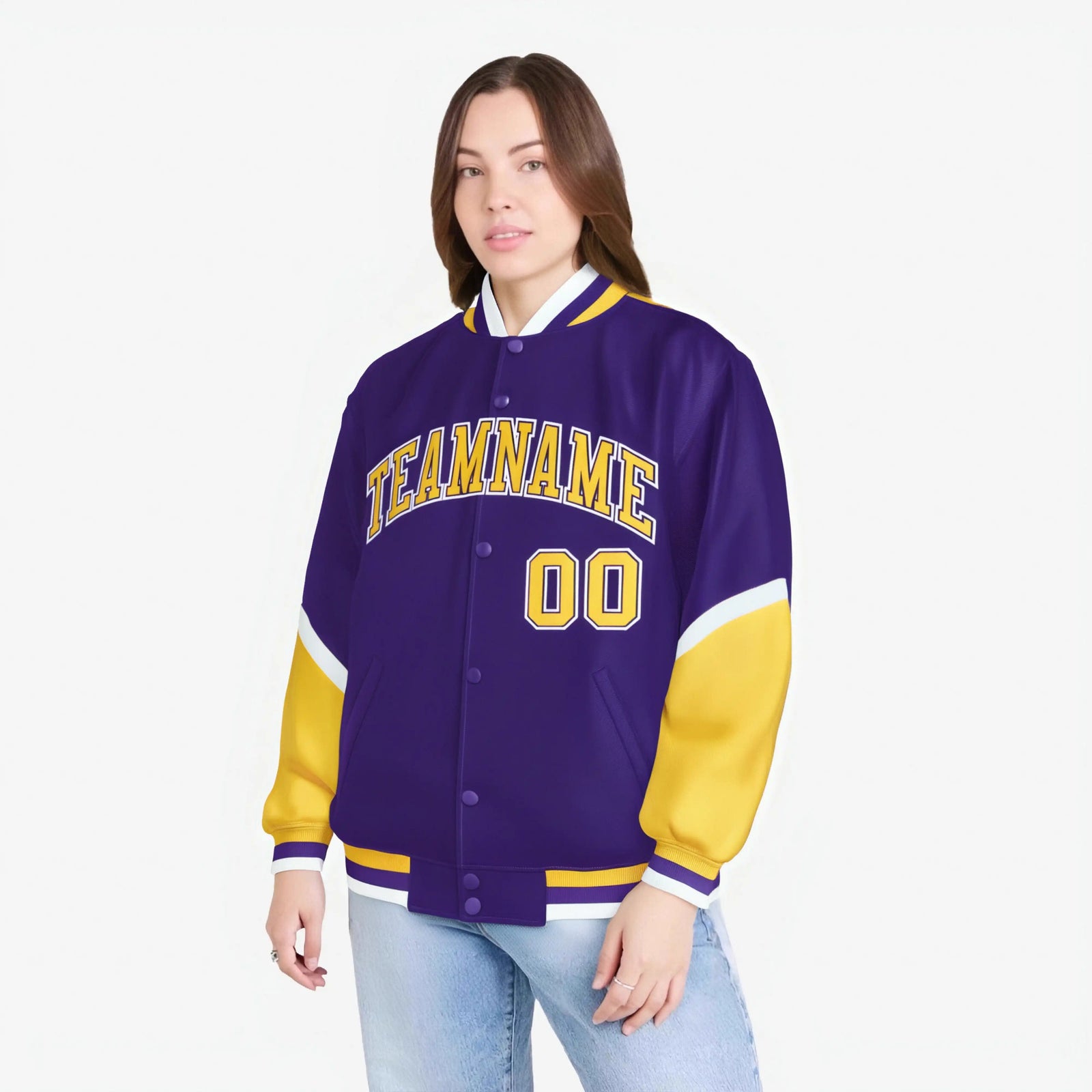 Custom Purple Gold-White Varsity Full-Snap Color Block Letterman Jacket