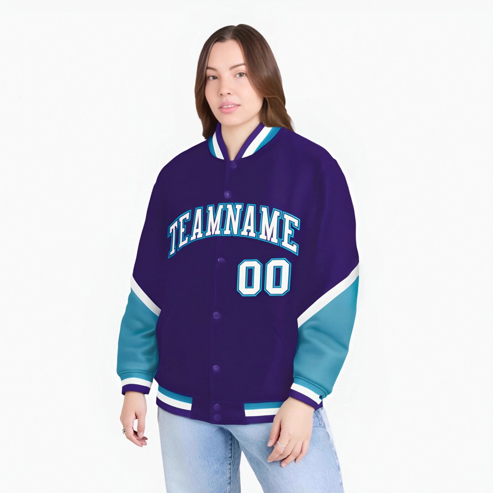Custom Purple Aqua-White Varsity Full-Snap Color Block Letterman Jacket
