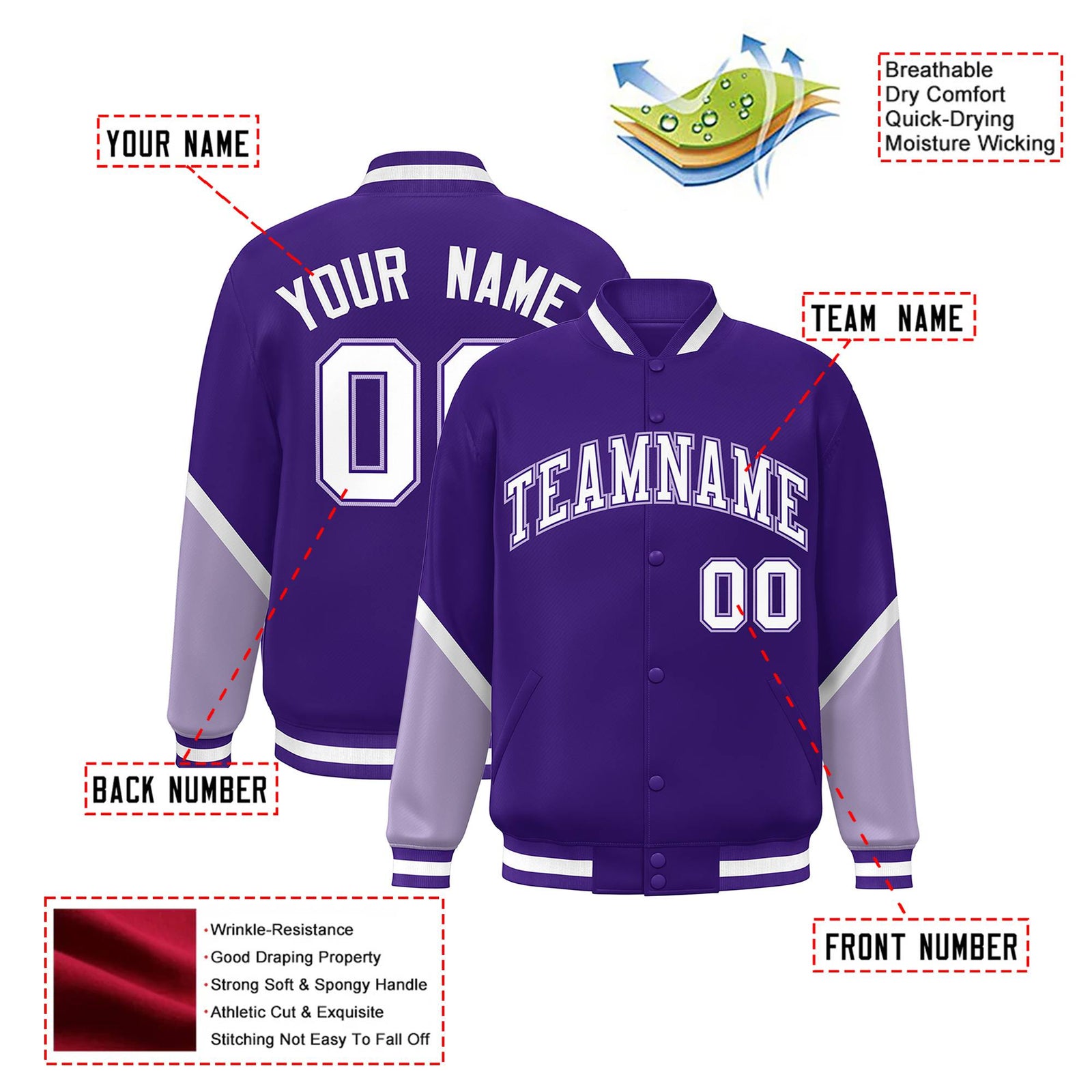 Custom Purple Light Purple-White Varsity Full-Snap Color Block Letterman Jacket