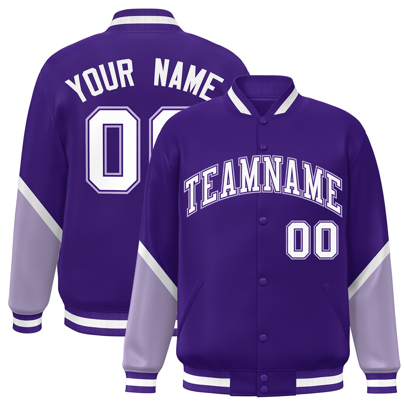 Custom Purple Light Purple-White Varsity Full-Snap Color Block Letterman Jacket