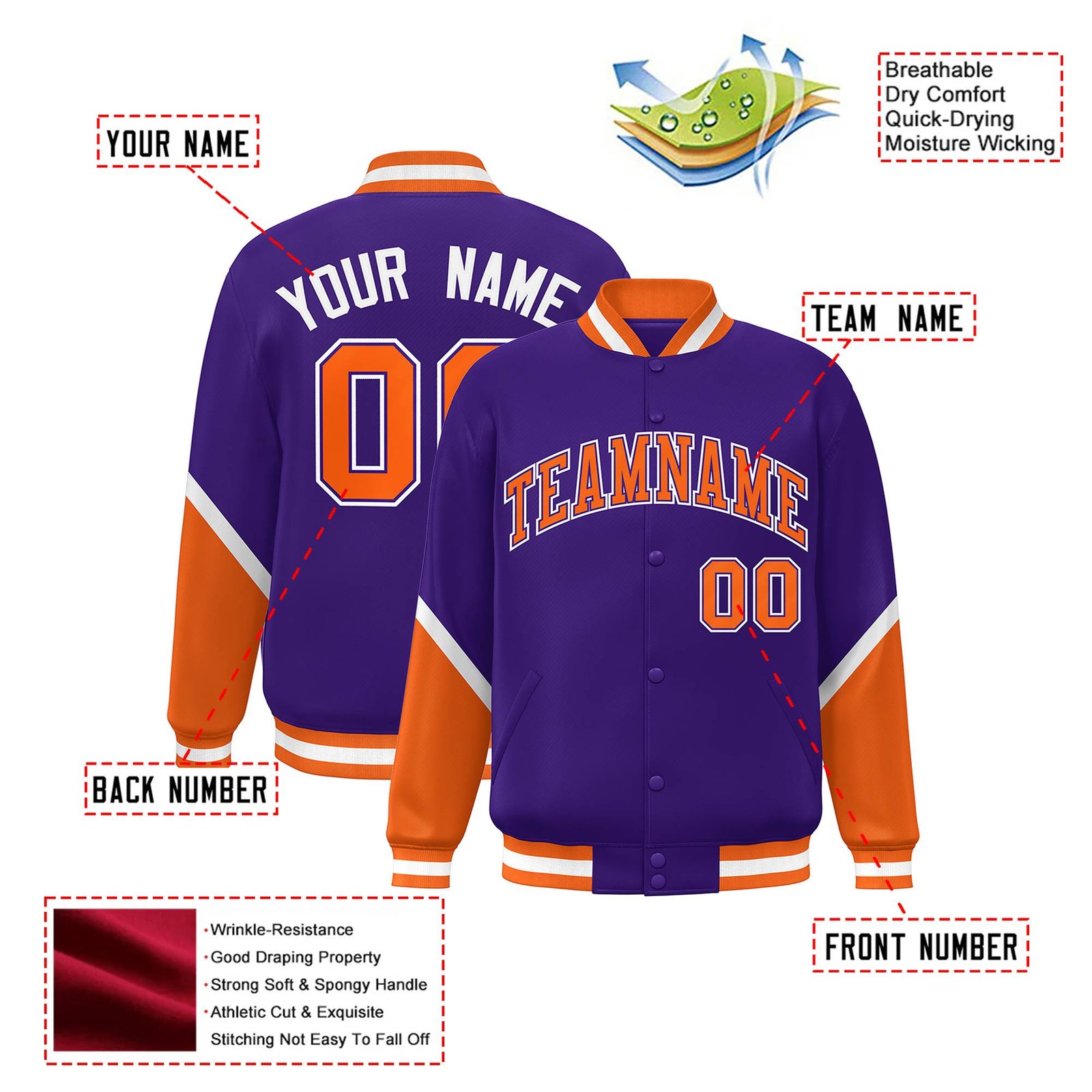 Custom Purple Orange-White Varsity Full-Snap Color Block Letterman Jacket
